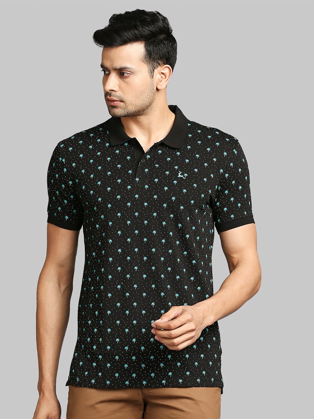 

Parx Men Black & Green Ditsy Tropical Print Cotton Polo Collar T-shirt