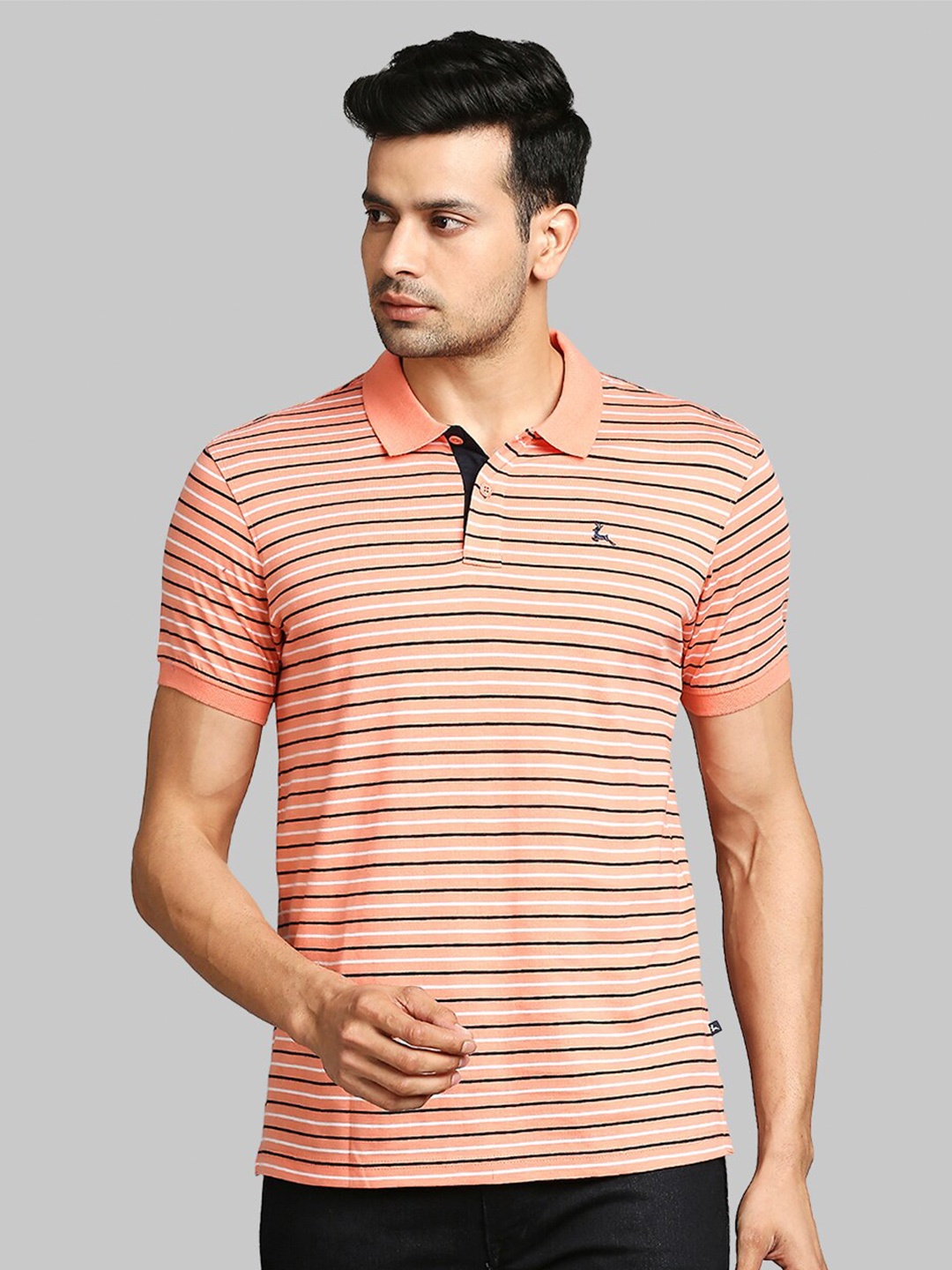 

Parx Men Peach-Coloured & Black Striped Polo Collar Cotton T-shirt