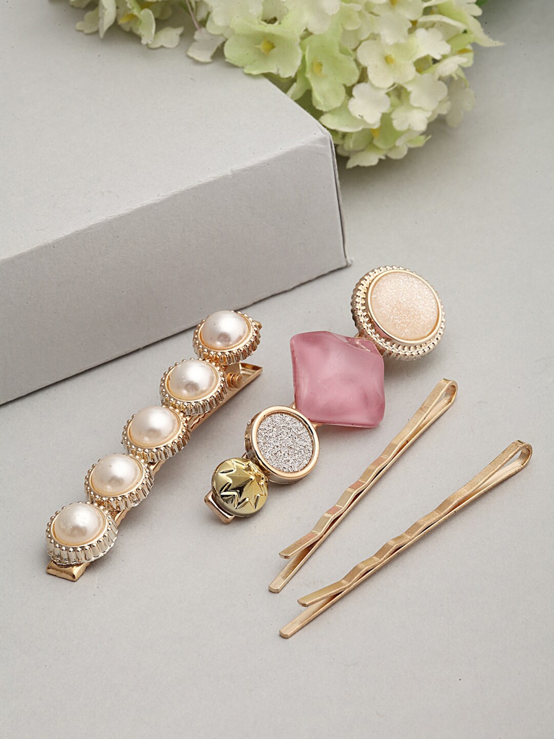 

Ferosh Women Gold-Toned & Pink Set of 4 Embellished Bobby Pins
