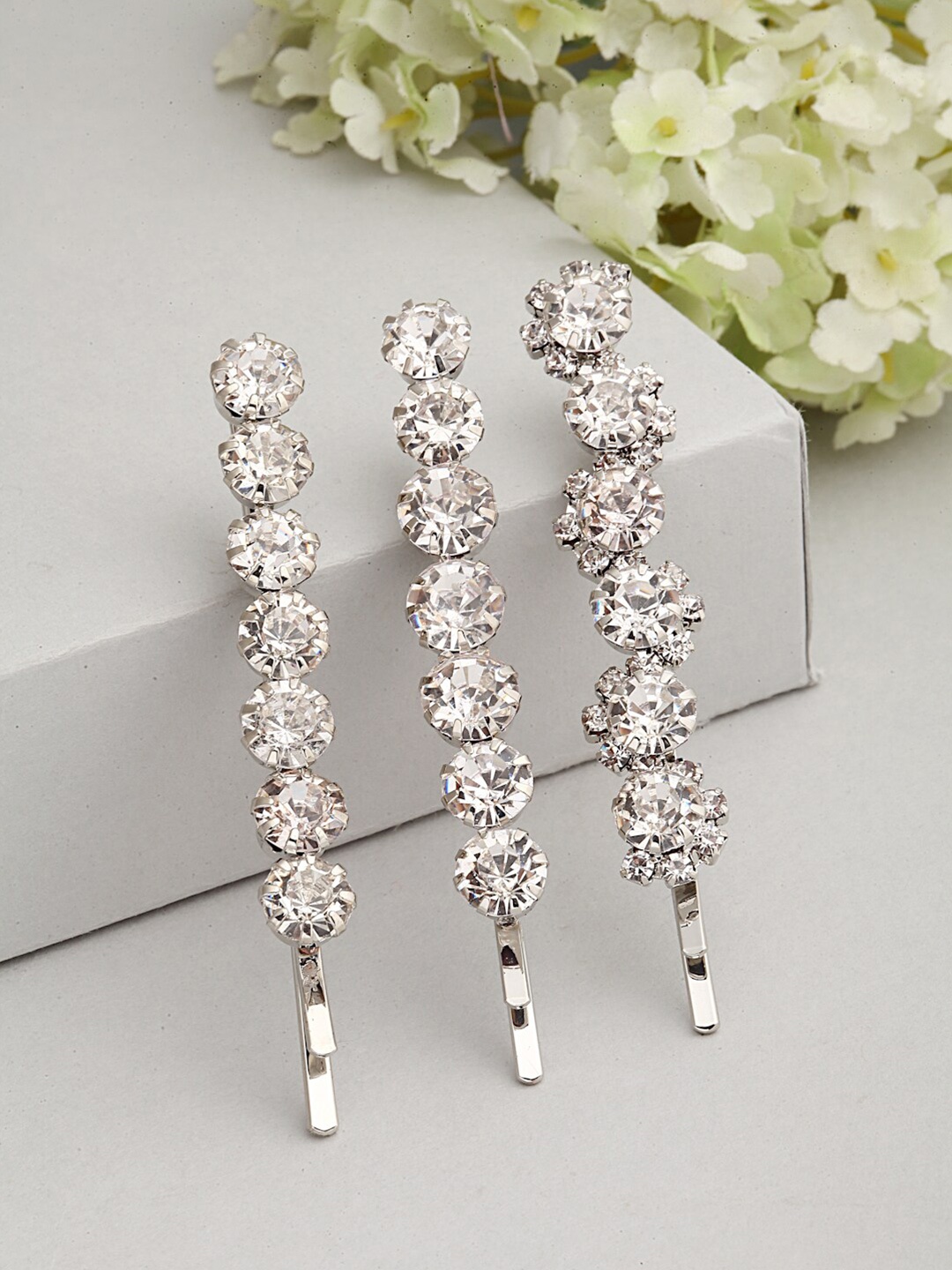 

Ferosh Women Silver-Toned Set of 3 Embellished Tic Tac Hair Clip