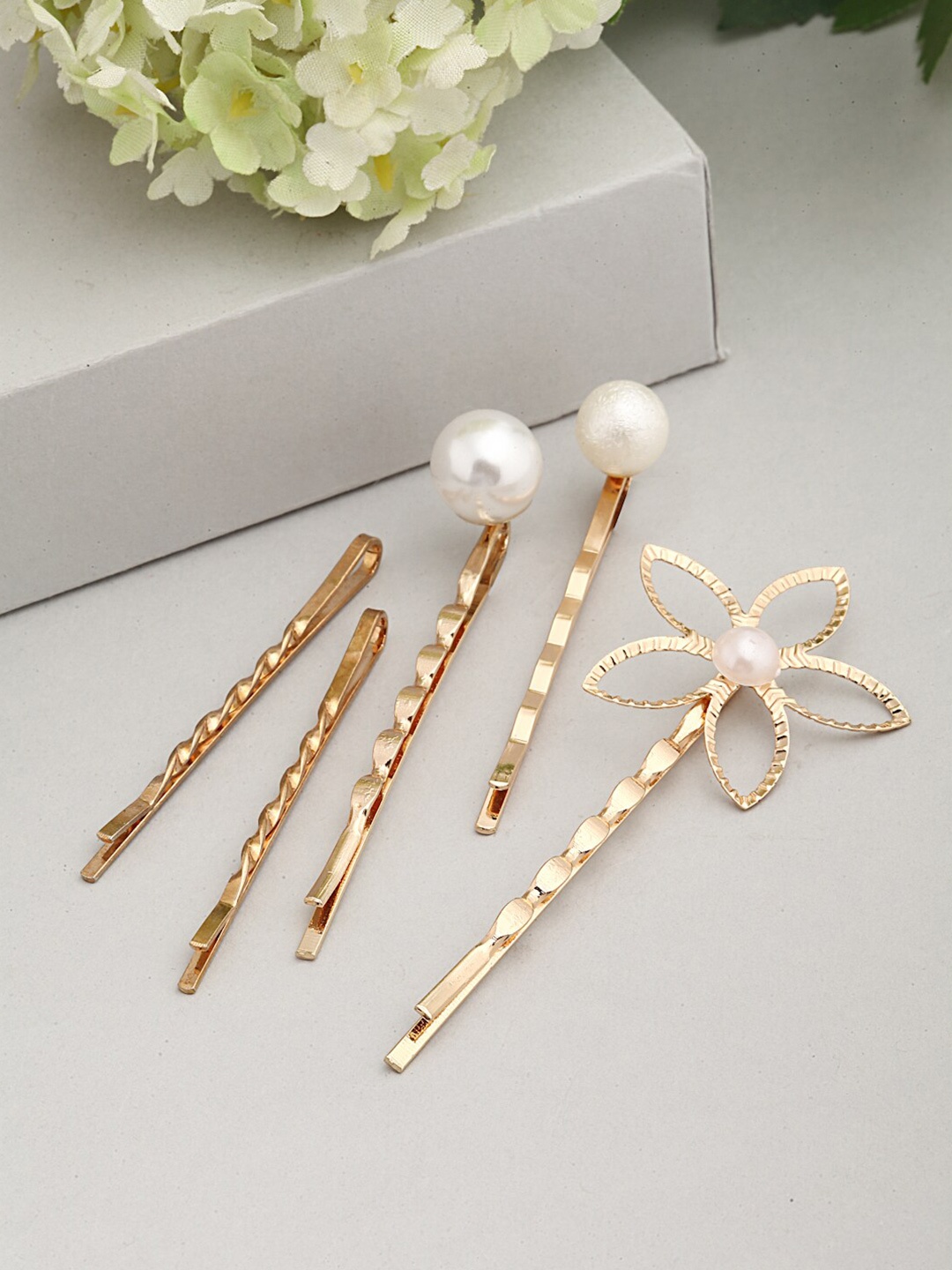 

Ferosh Women Gold-Toned & White Pearl Set of 5 Embellished Bobby Pins