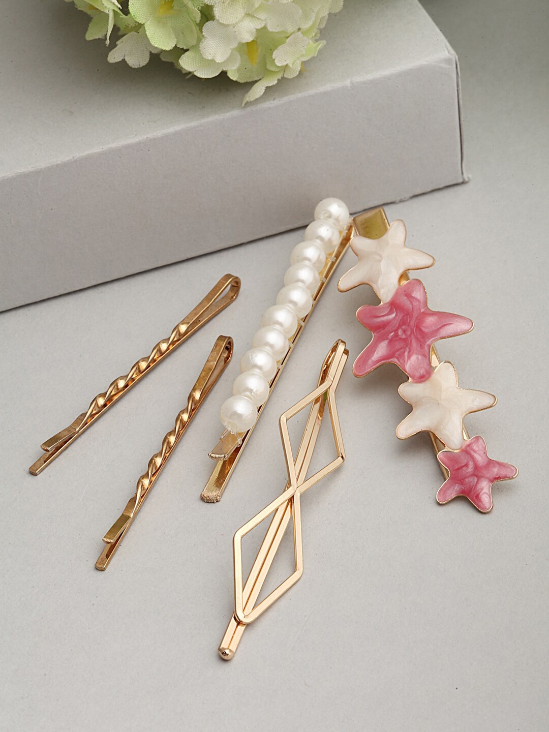

Ferosh Women Gold-Toned & White Set of 5 Embellished Bobby Pins