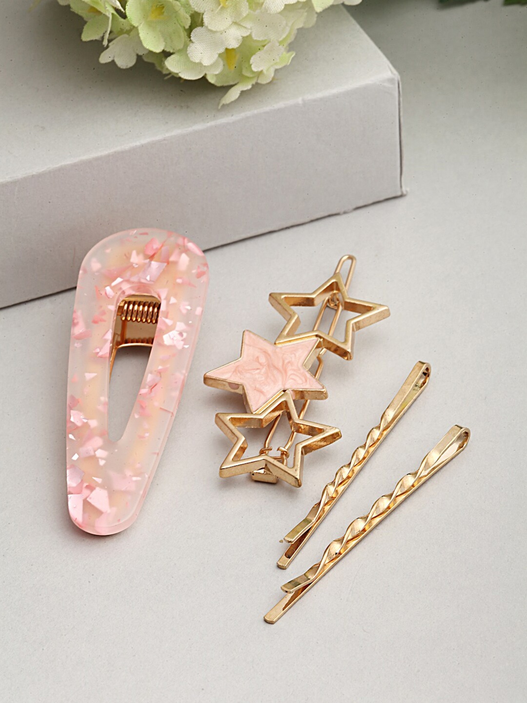 

Ferosh Women Gold-Toned & Pink Set of 4 Embellished Bobby Pins