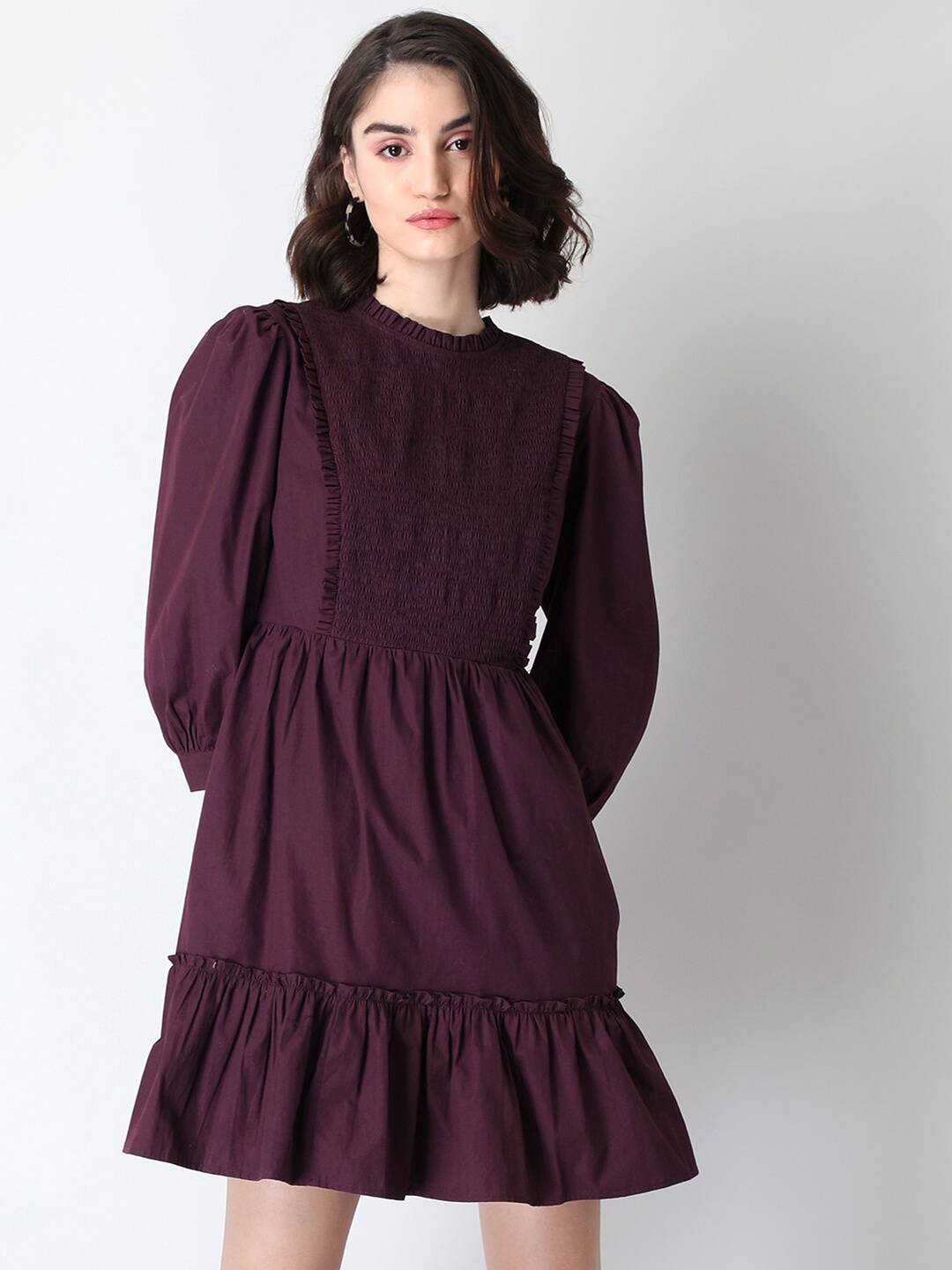 

FabAlley Women Burgundy Solid Smocked Pure Cotton A-Line Dress