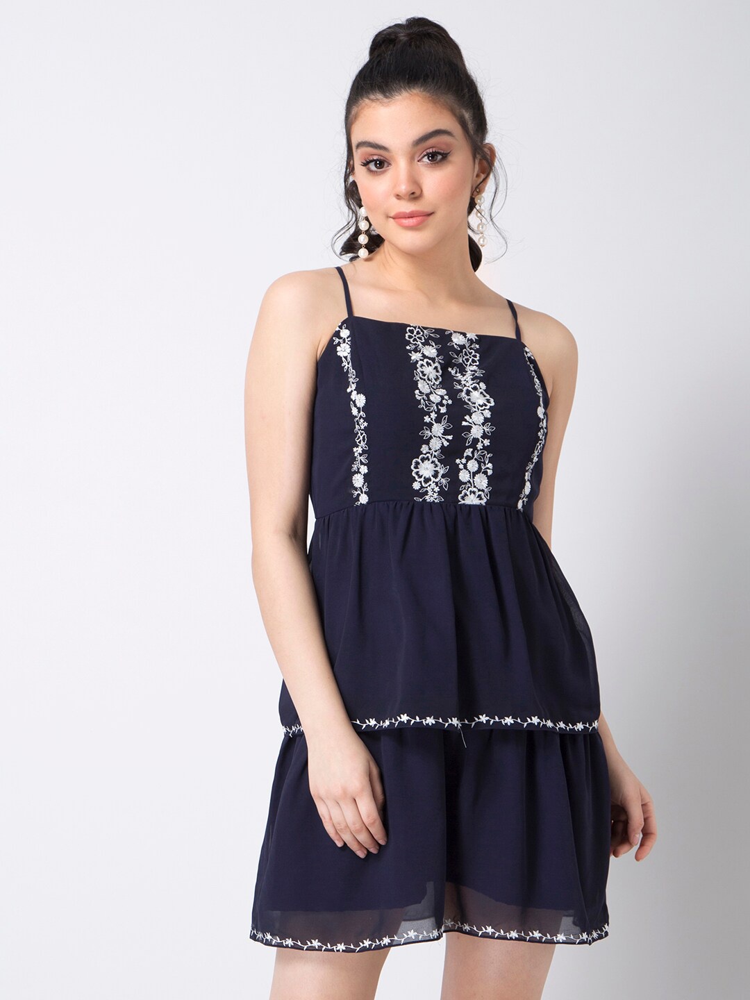 

FabAlley Women Navy Blue & White Floral Embroidered Layered A-Line Dress