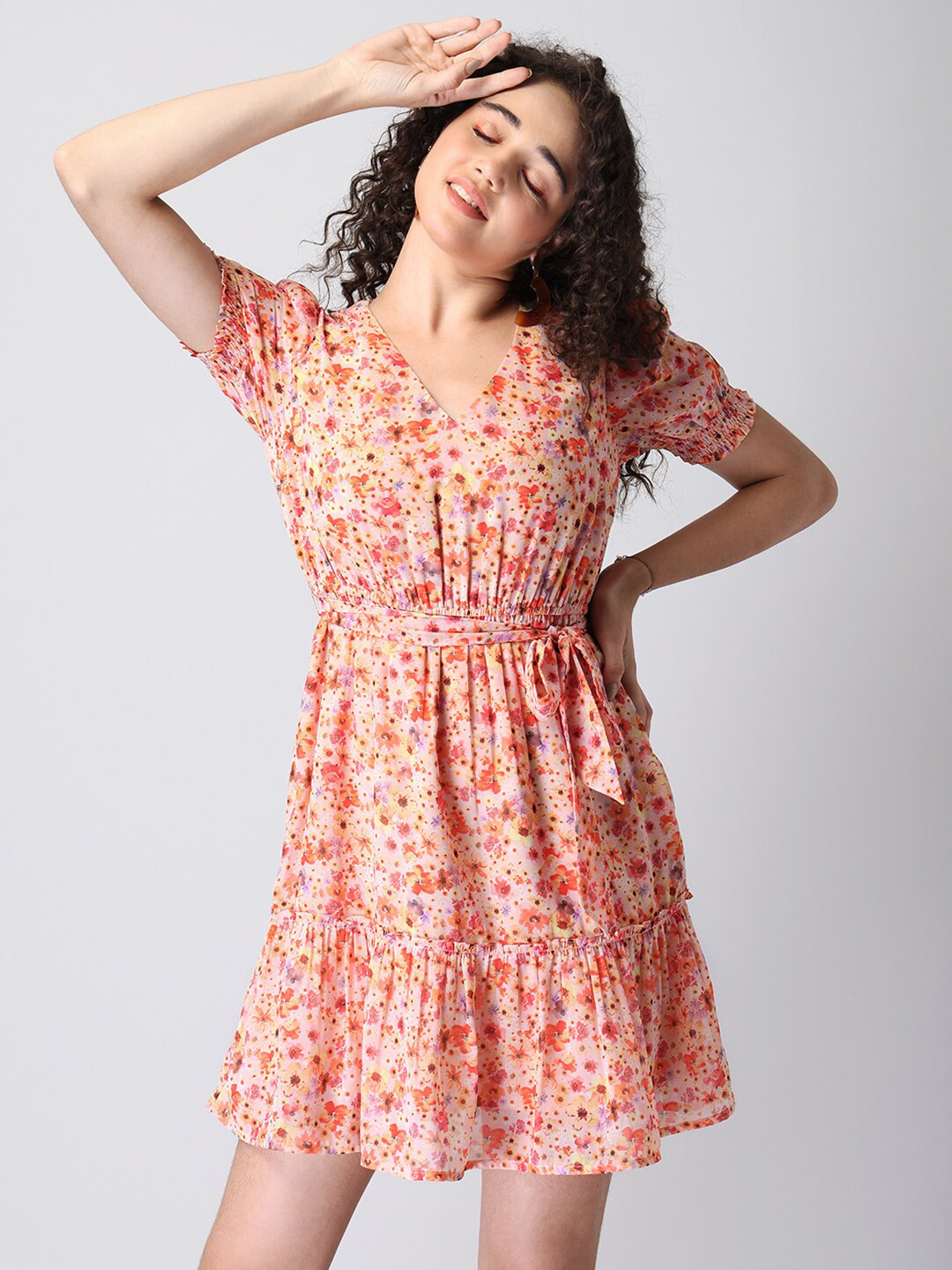 

FabAlley Women Peach-Coloured Floral Flounce Hem A-Line Dress