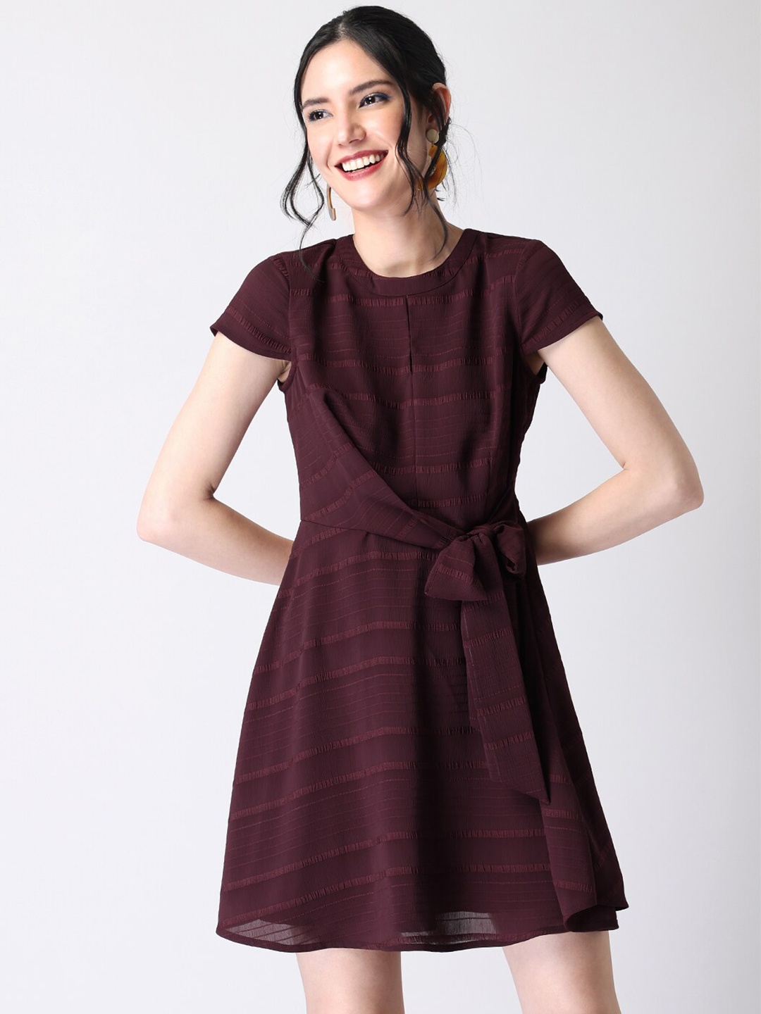 

FabAlley Women Burgundy Self-Striped Side-Knot A-Line Dress