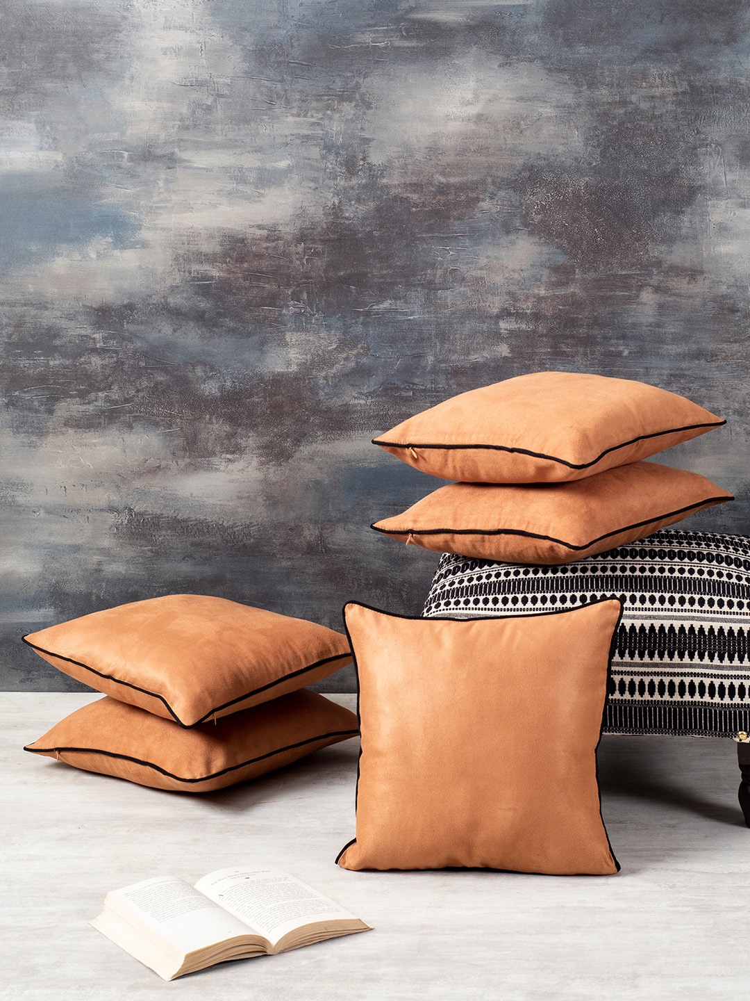 

nestroots Orange & Black Set of 5 Square Cushion Covers