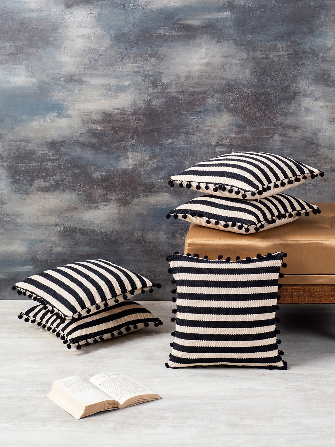 

nestroots Off White & Black Set of 5 12" x 12" Striped Square Cushion Covers