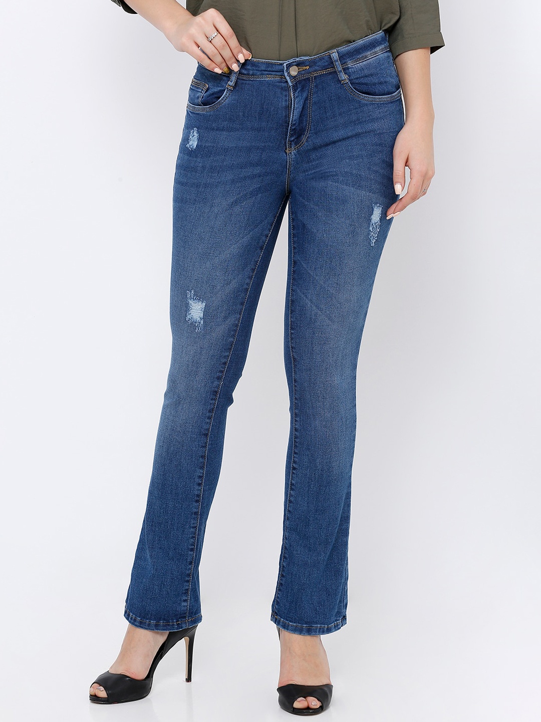 

Kraus Jeans Women Blue Bootcut Low Distress Heavy Fade Stretchable Jeans
