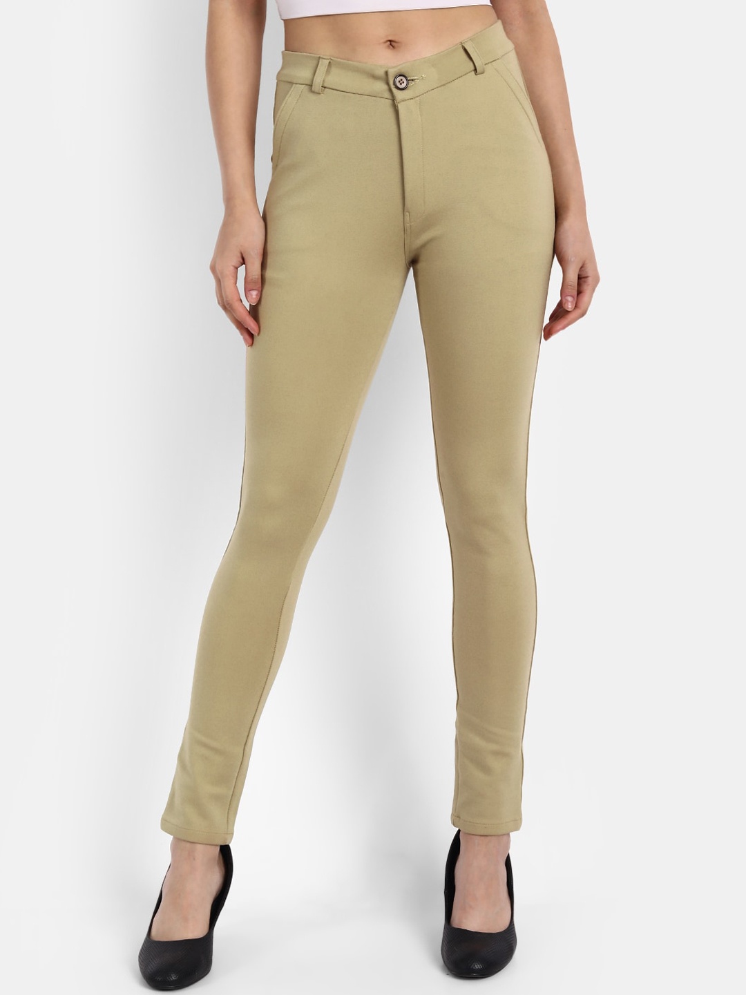 

BROADSTAR Women Beige Slim Fit High-Rise Trousers