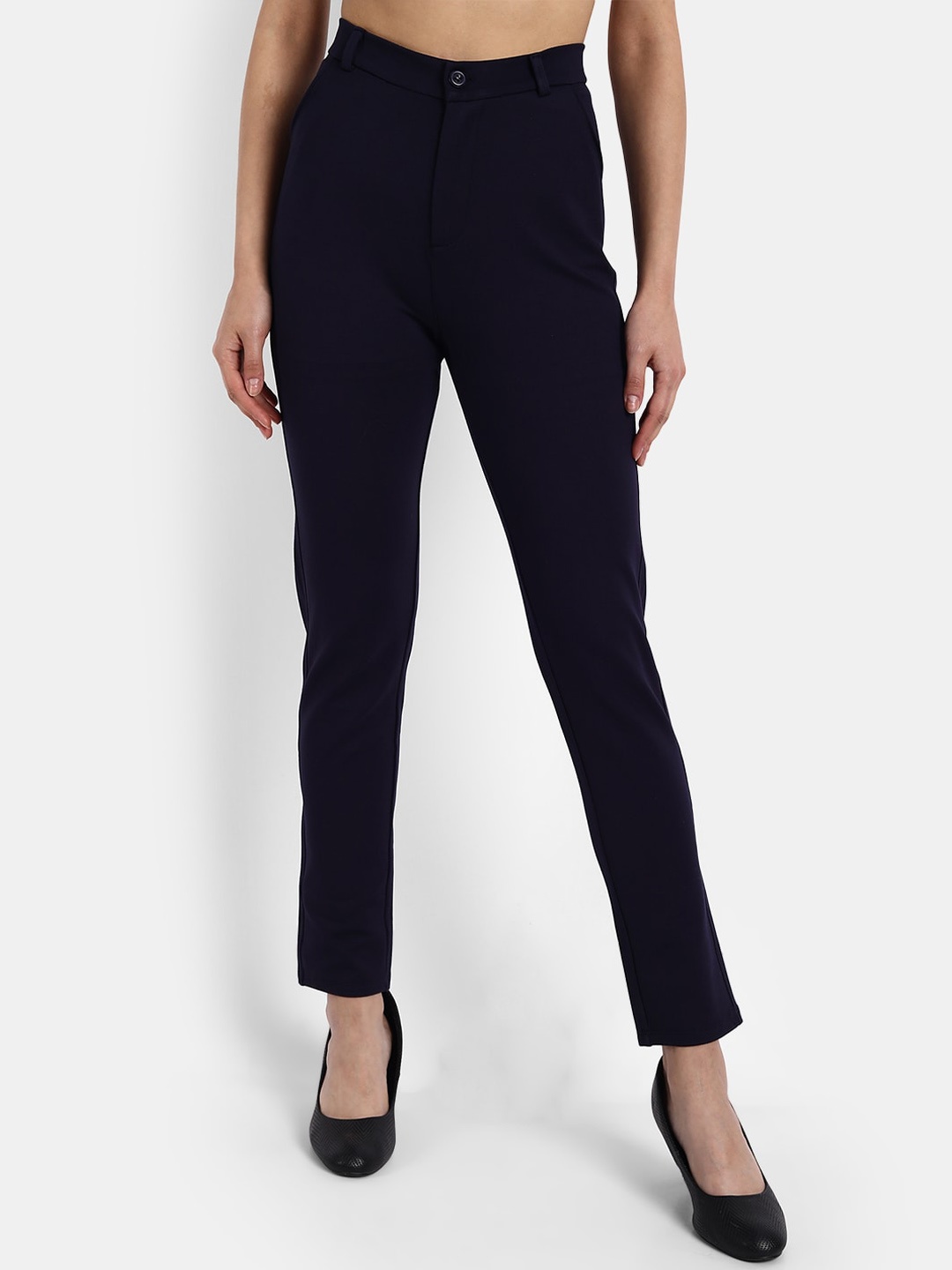 

BROADSTAR Women Navy Blue Solid Slim Fit High-Rise Formal Trousers