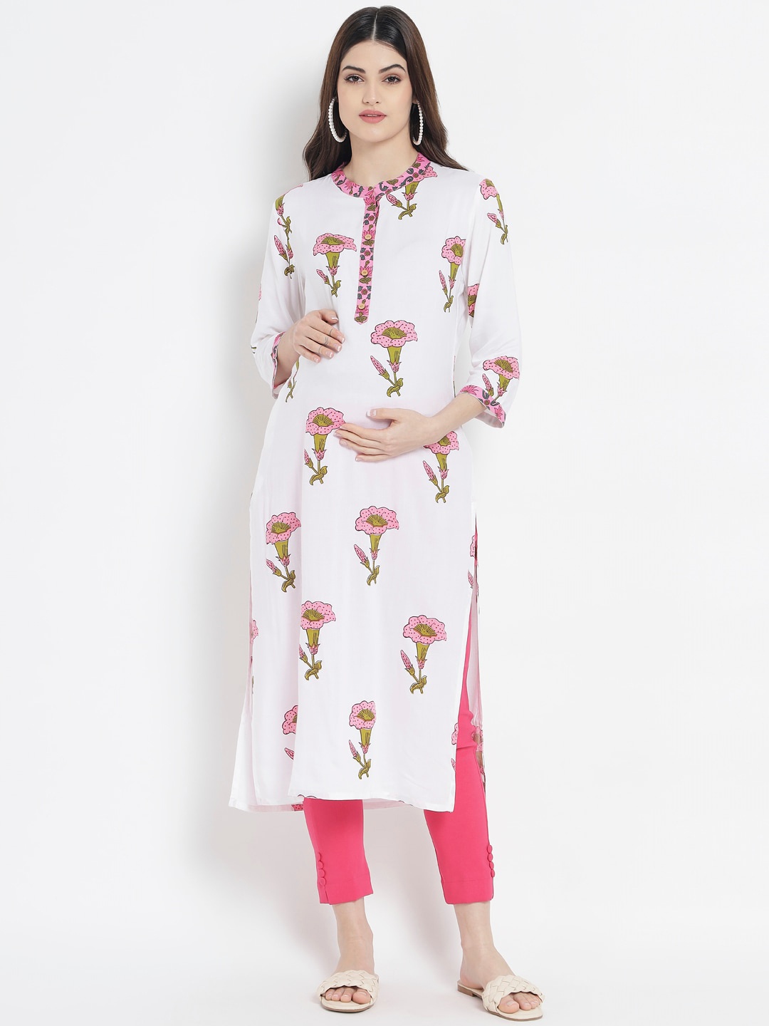 

Aujjessa Women White & Pink Floral Screen Print Pure Cotton Maternity Straight Kurta