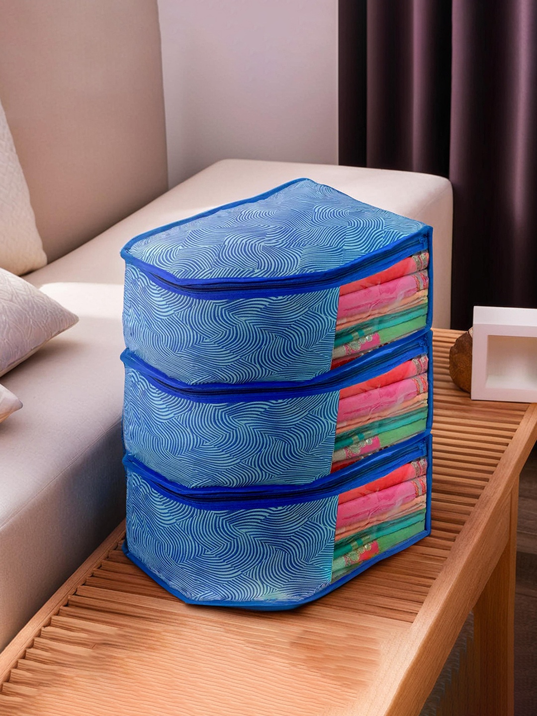 

Kuber Industries Blue Pack of 3 Lahariya Printed Non-Woven Blouse Organiser