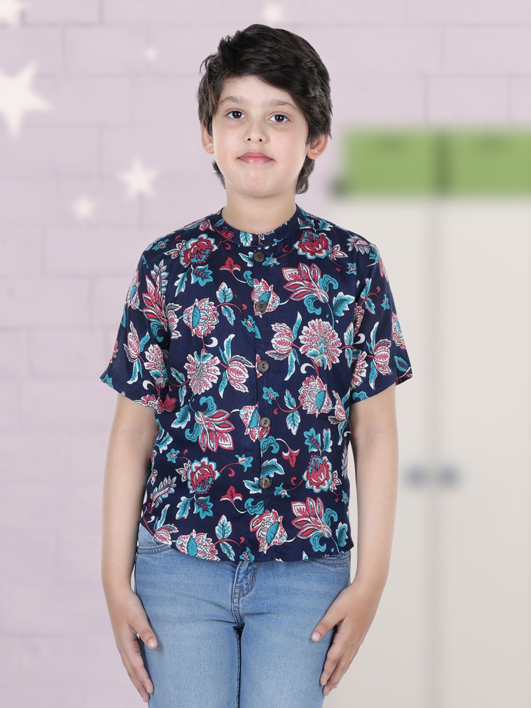 

Cutiekins Boys Navy Blue & Pink Comfort Floral Print Casual Shirt