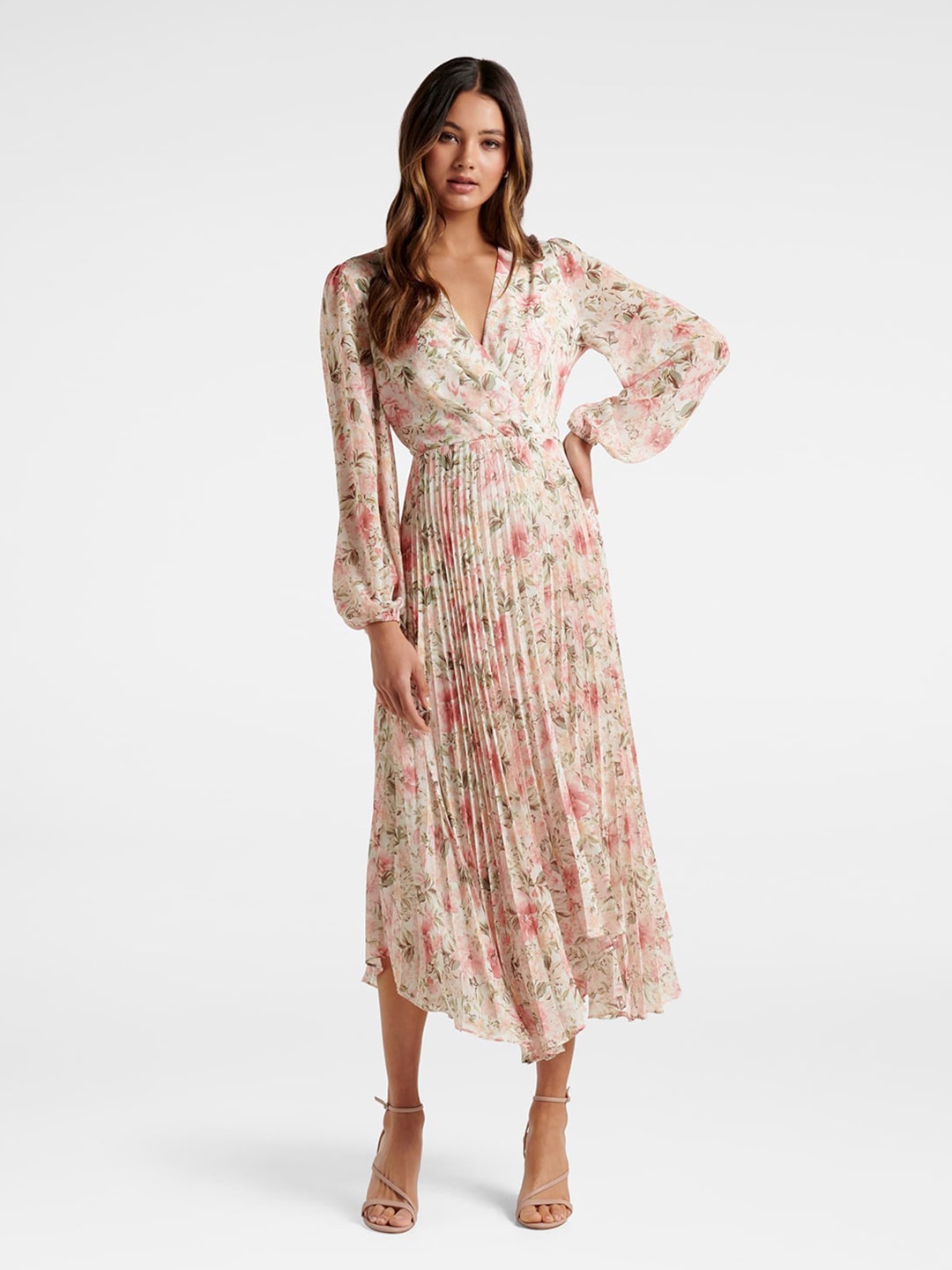 

Forever New Pink Floral Pleated Midi Dress