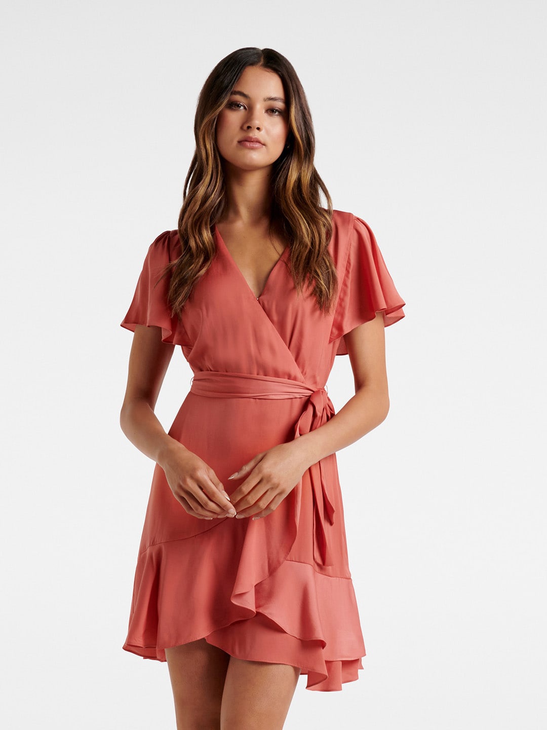 

Forever New Rust Solid Wrap Skater Mini Dress