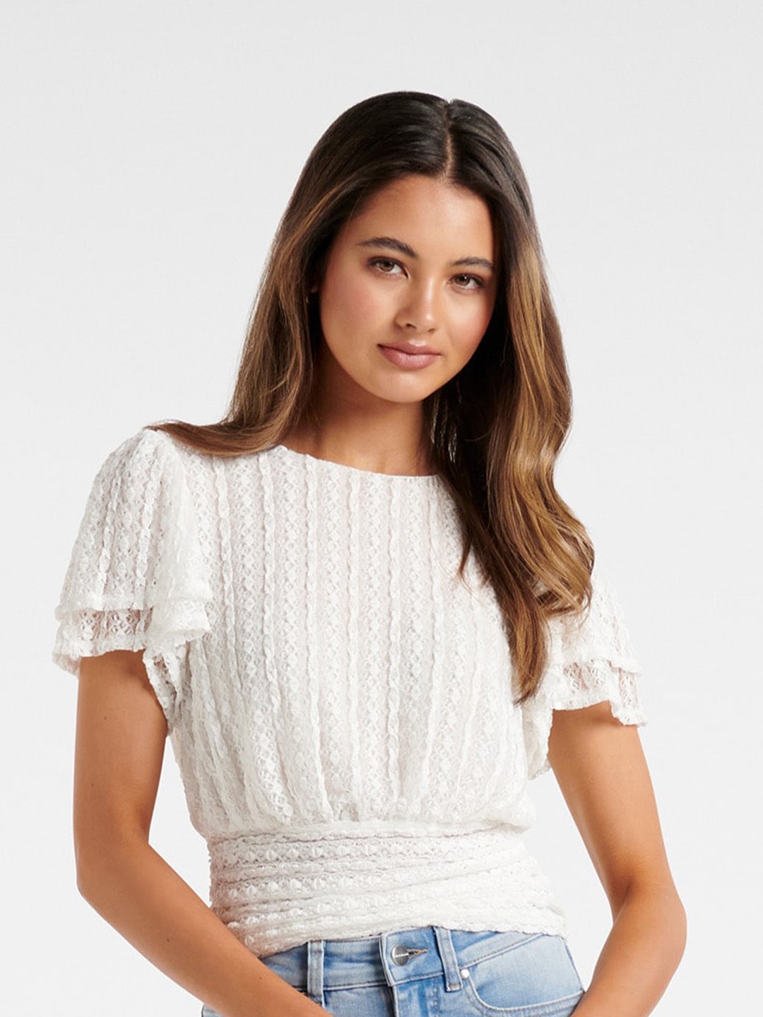 

Forever New White Lace Cinched Waist Top