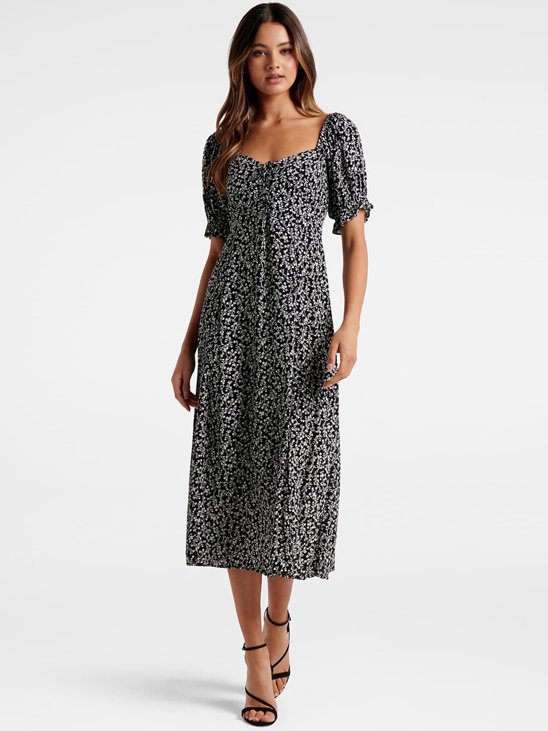 

Forever New Black & White Printed A-Line Midi Dress