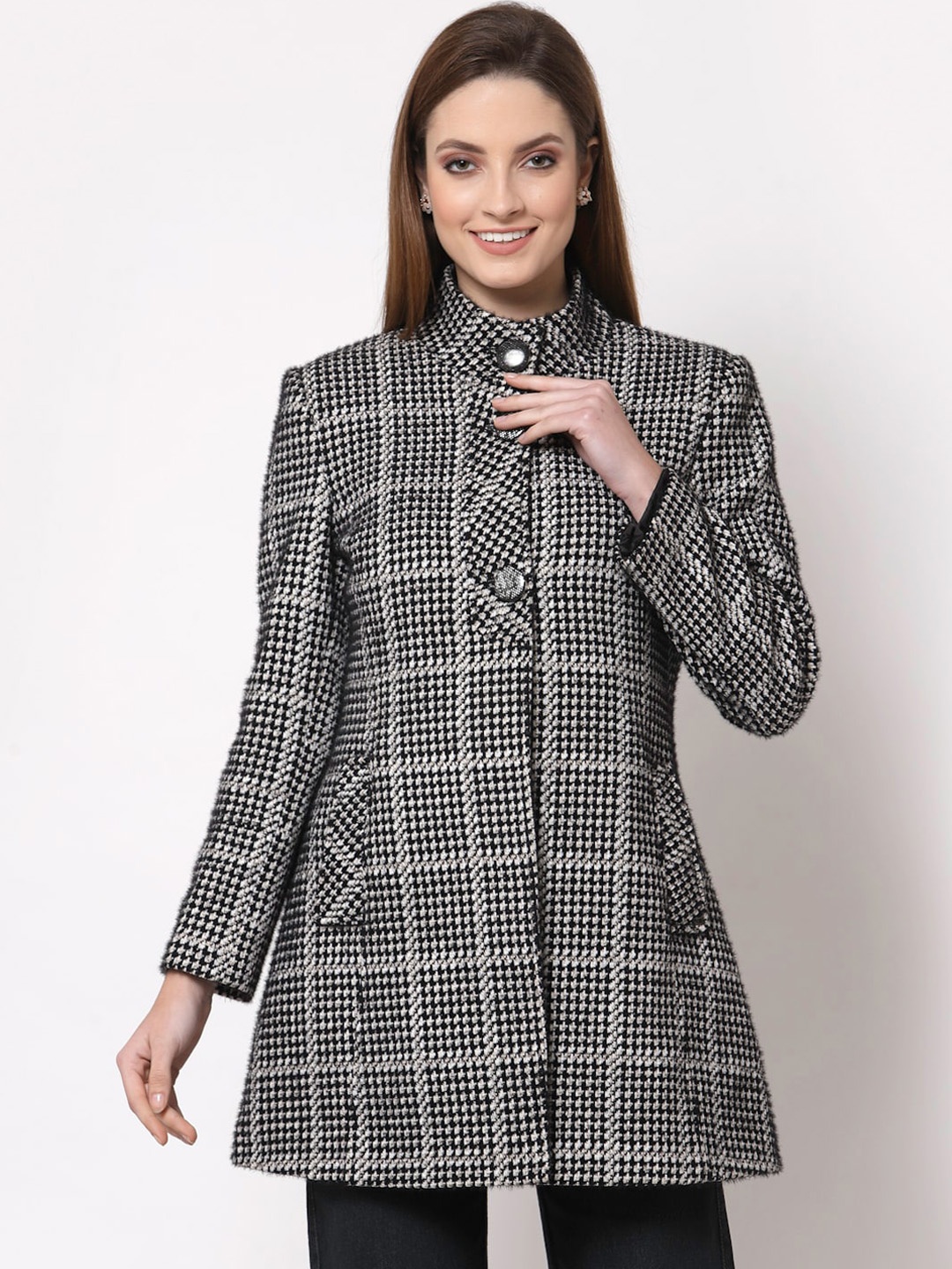 

Juelle Women Black Checked Trench Coat