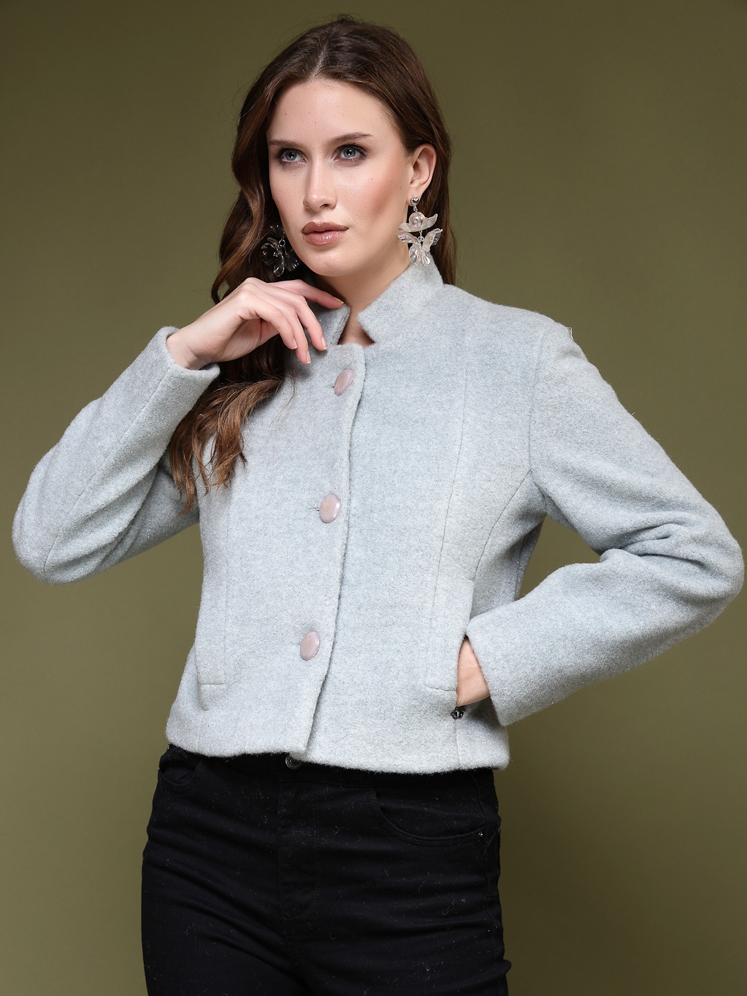 

Juelle Women Grey Solid Stand Collar Over Coat