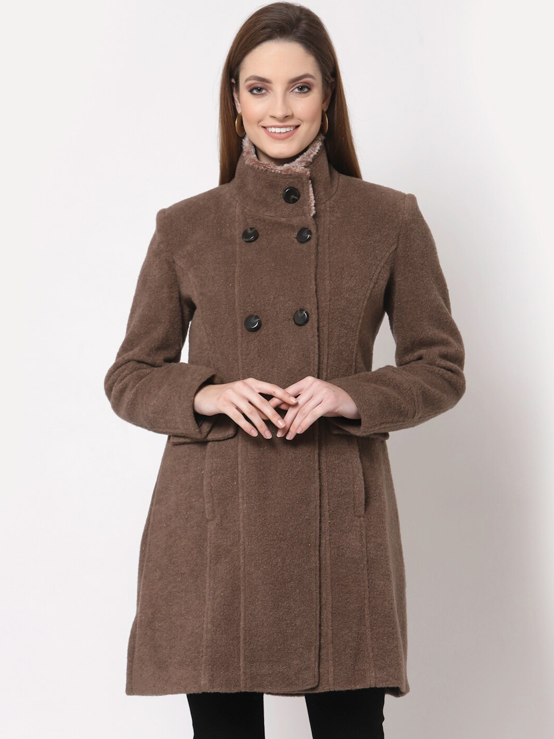 

Juelle Women Brown Solid Faux Fur Trim Over Coat