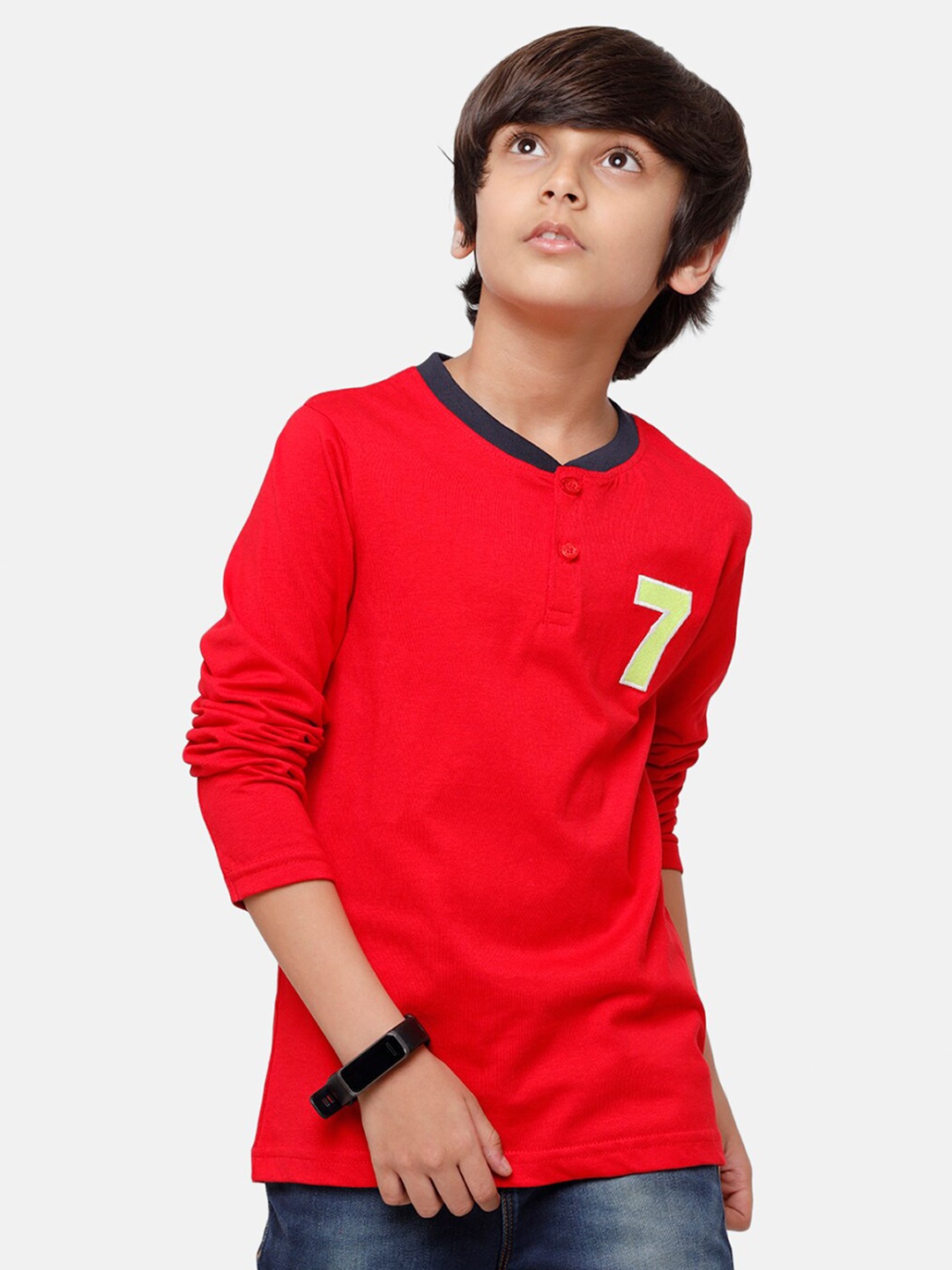 

PIPIN Boys Red Solid Henley Neck Pure Cotton T-shirt