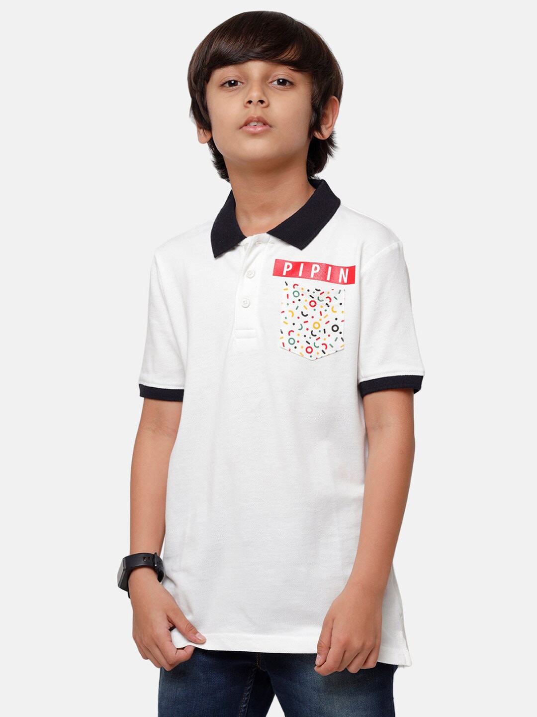 

PIPIN Boys Off-White & Red Brand Logo Print Pure Cotton Polo Collar T-shirt