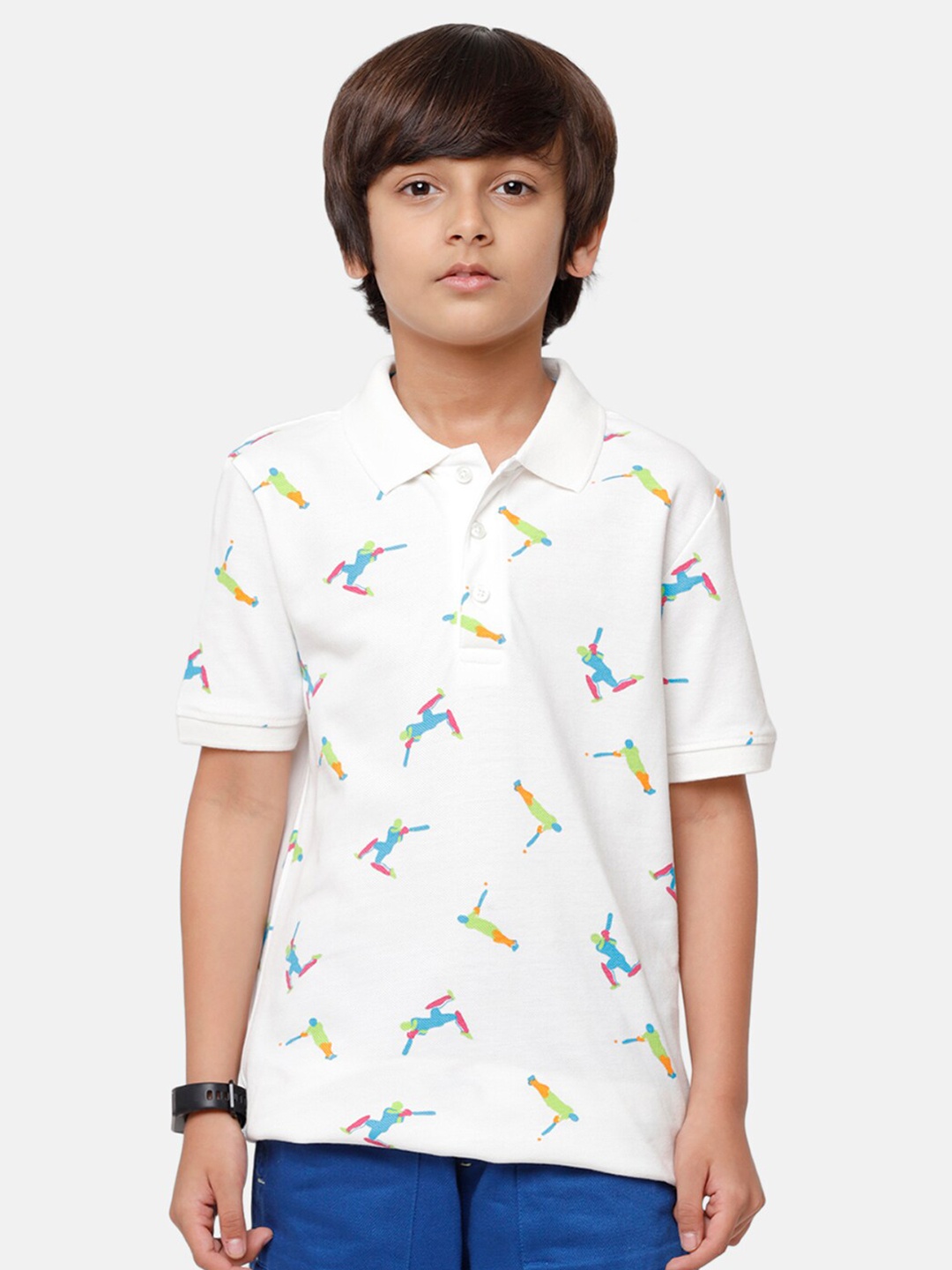 

PIPIN Boys Off White & Blue Printed Pure Cotton Polo Collar T-shirt