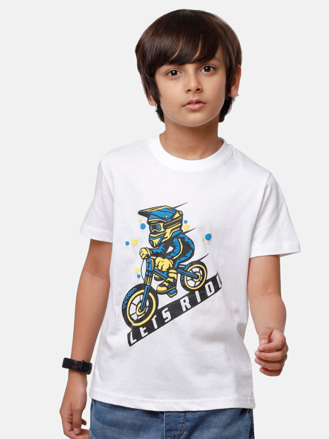 

PIPIN Boys White & Blue Printed Pure Cotton T-shirt