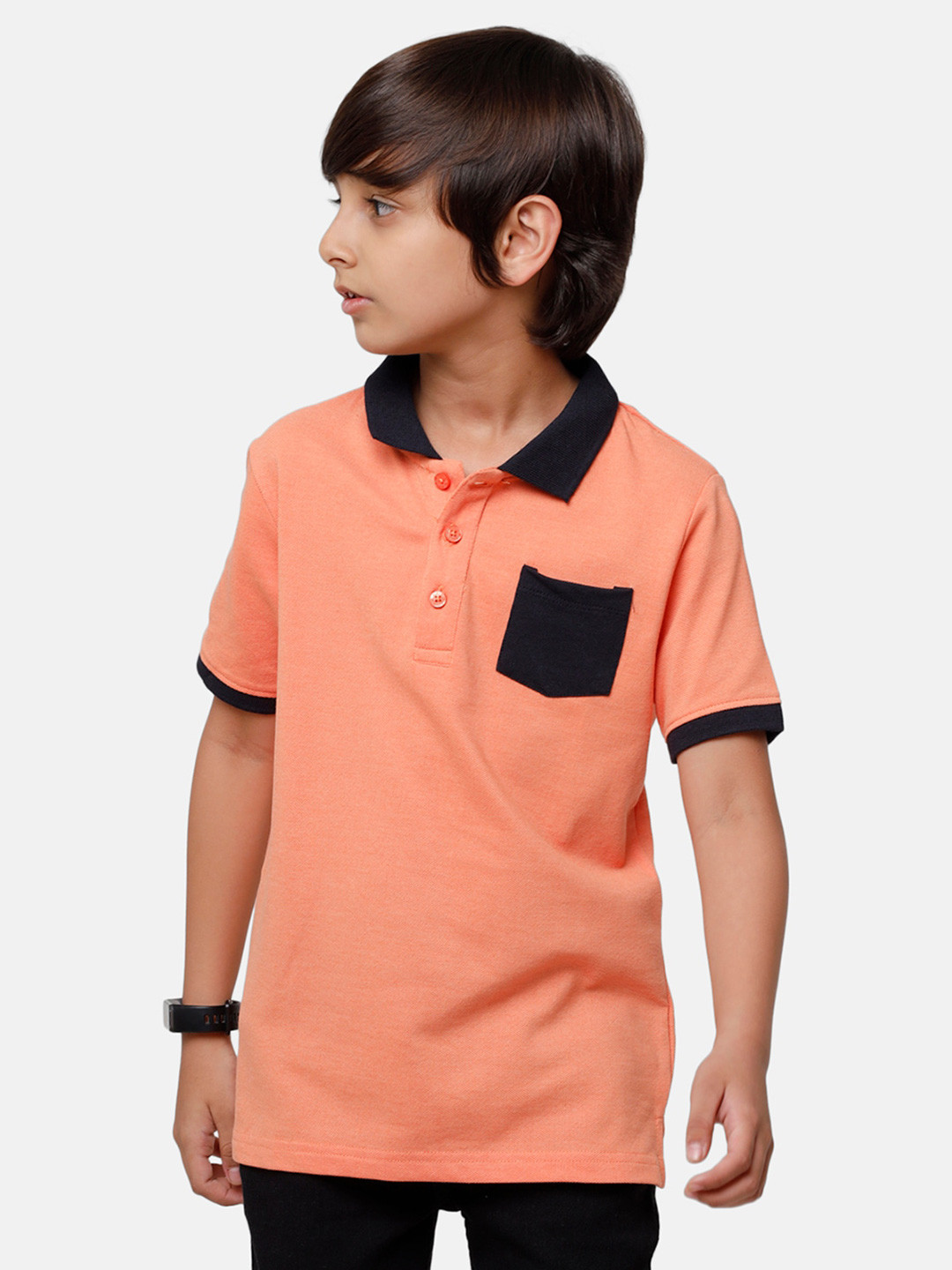 

PIPIN Boys Peach-Coloured & Black Solid Polo Collar T-shirt