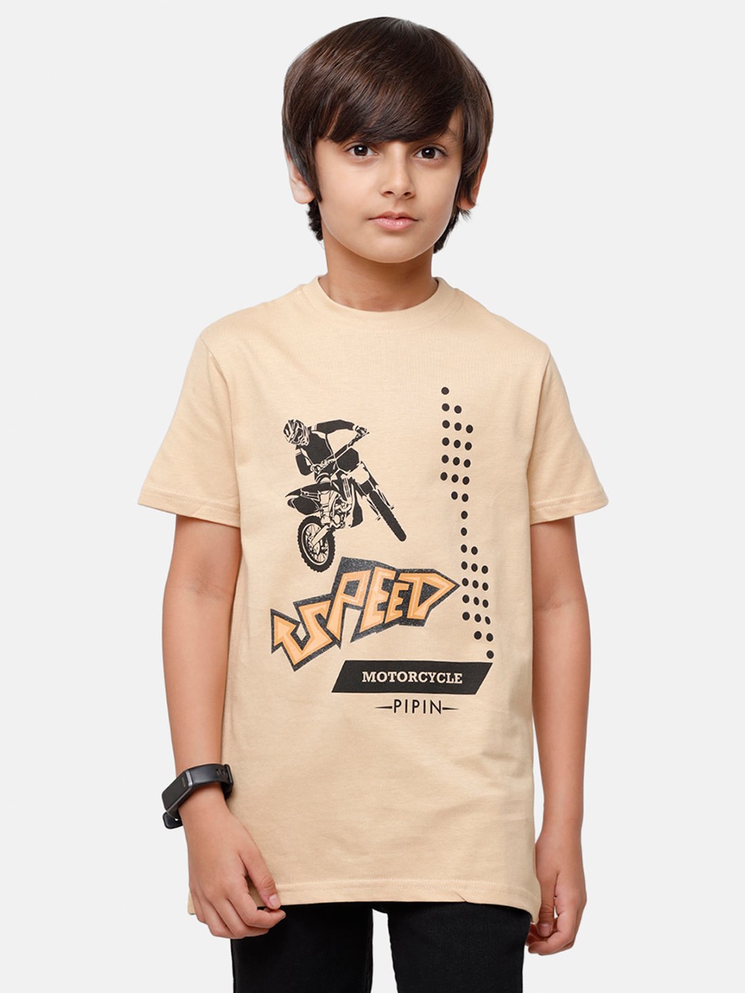 

PIPIN Boys Beige & Black Motorcycle & Brand Logo Print Pure Cotton T-shirt