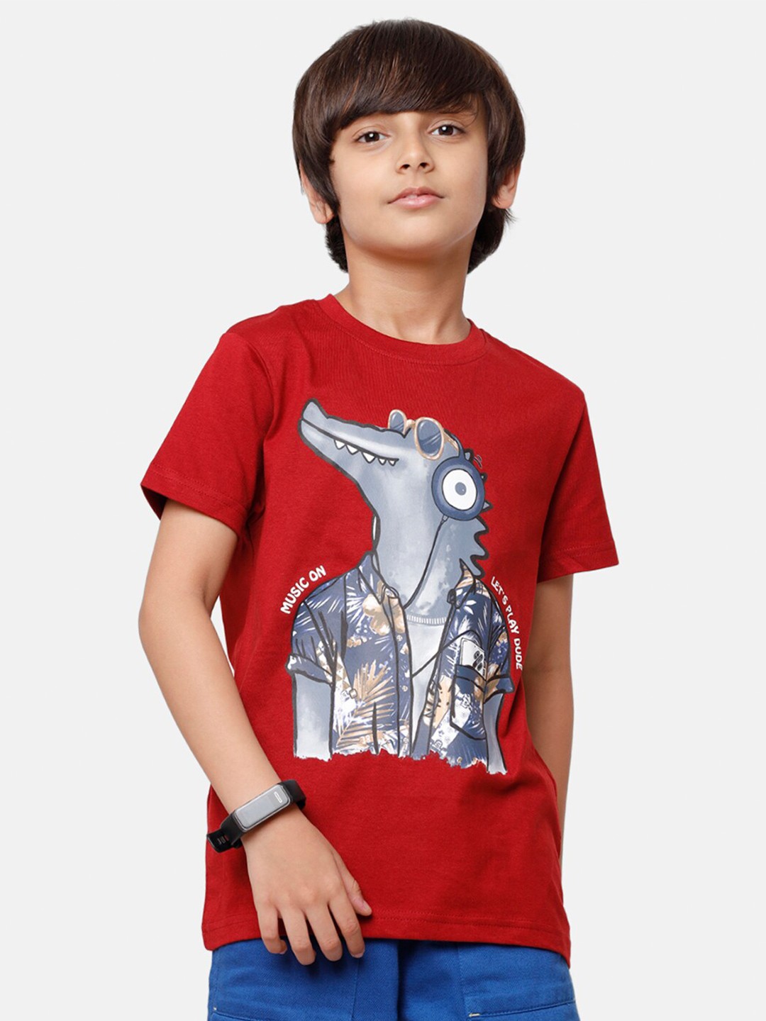 

PIPIN Boys Red & Grey Printed Pure Cotton T-shirt