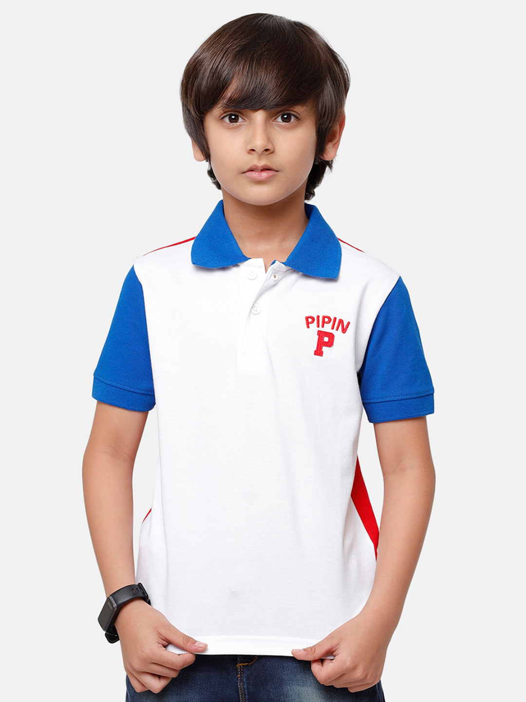 

PIPIN Boys White & Orange Brand Logo Print Back Pure Cotton Polo Collar T-shirt
