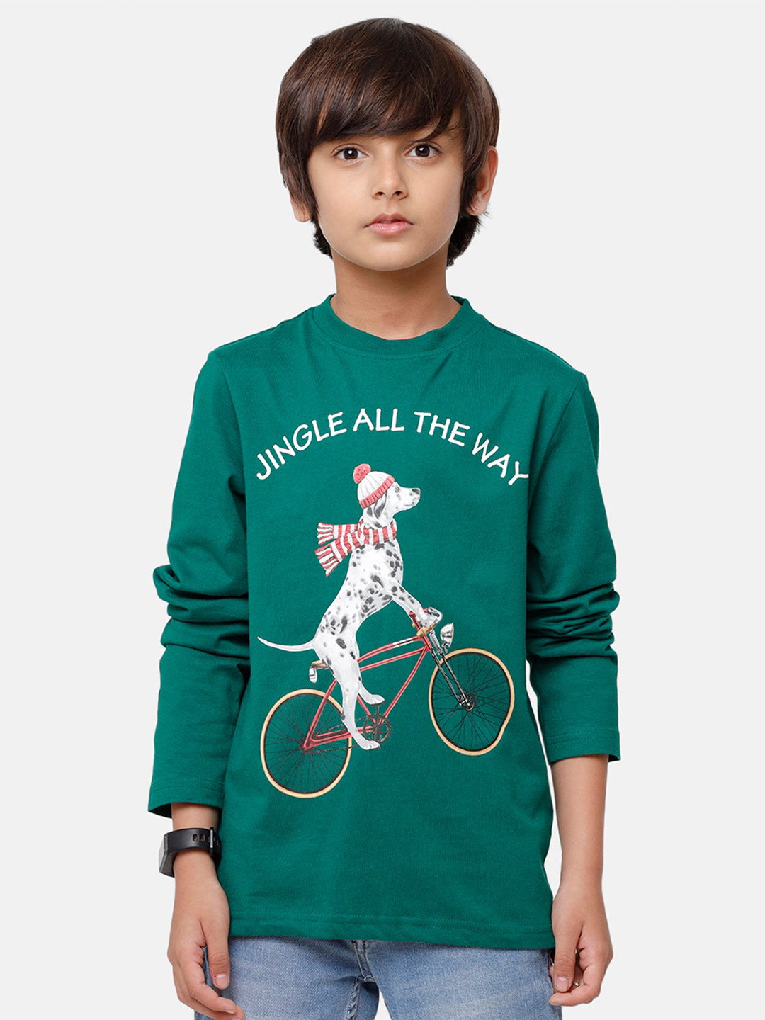 

PIPIN Boys Green & White Typography & Dalmation Print Pure Cotton T-shirt
