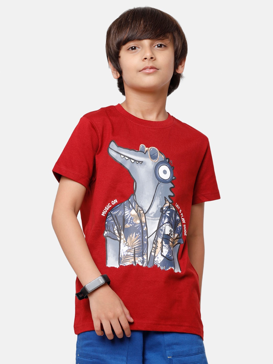 

PIPIN Boys Red & Grey Printed Pure Cotton T-shirt