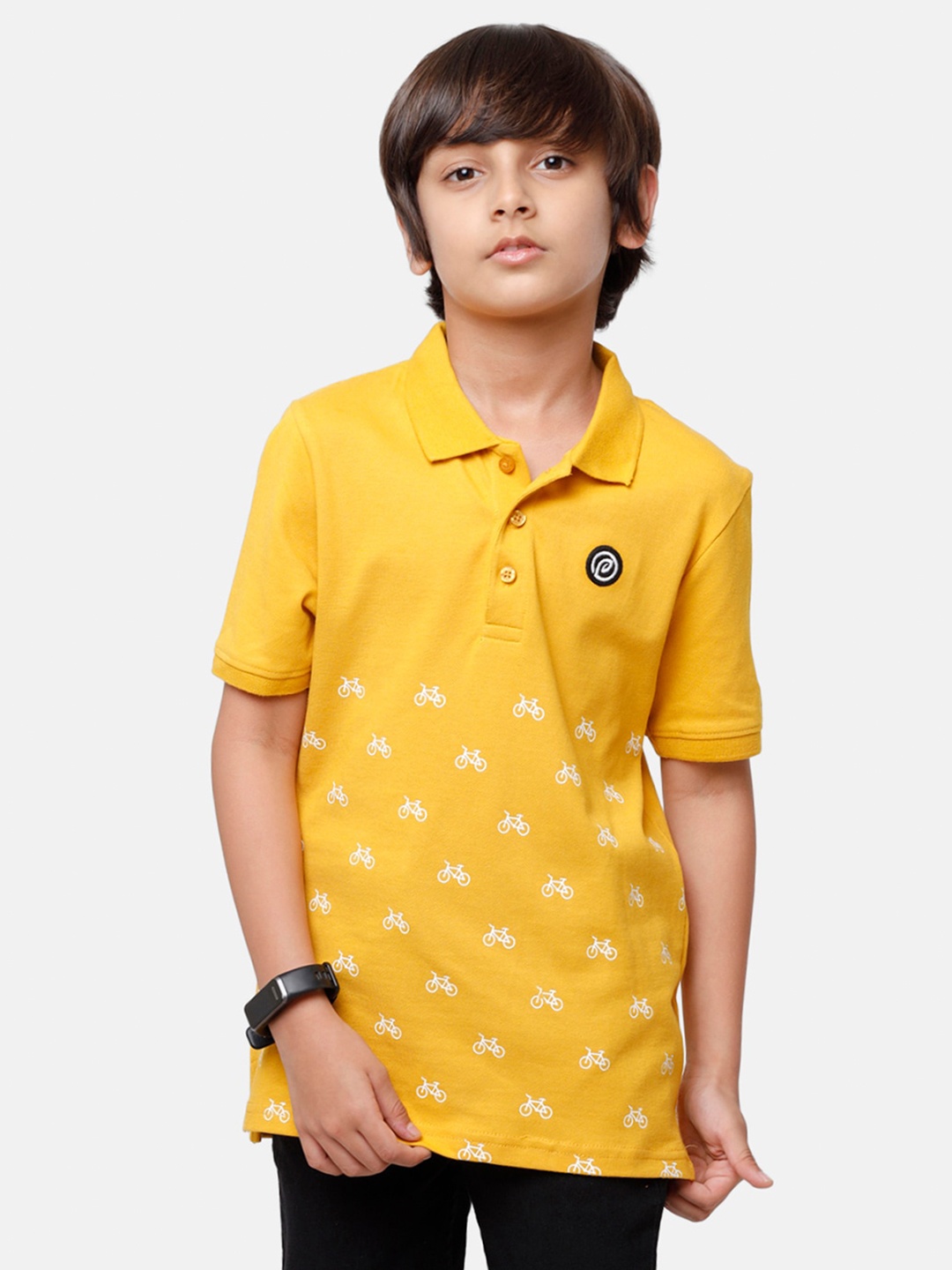 

PIPIN Boys Mustard Yellow & White Cycle Print Pure Cotton Polo Collar T-shirt