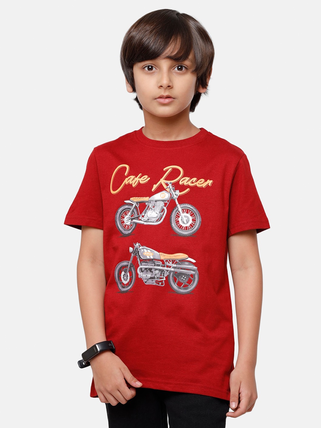 

PIPIN Boys Maroon & Yellow Biker Print Pure Cotton T-shirt