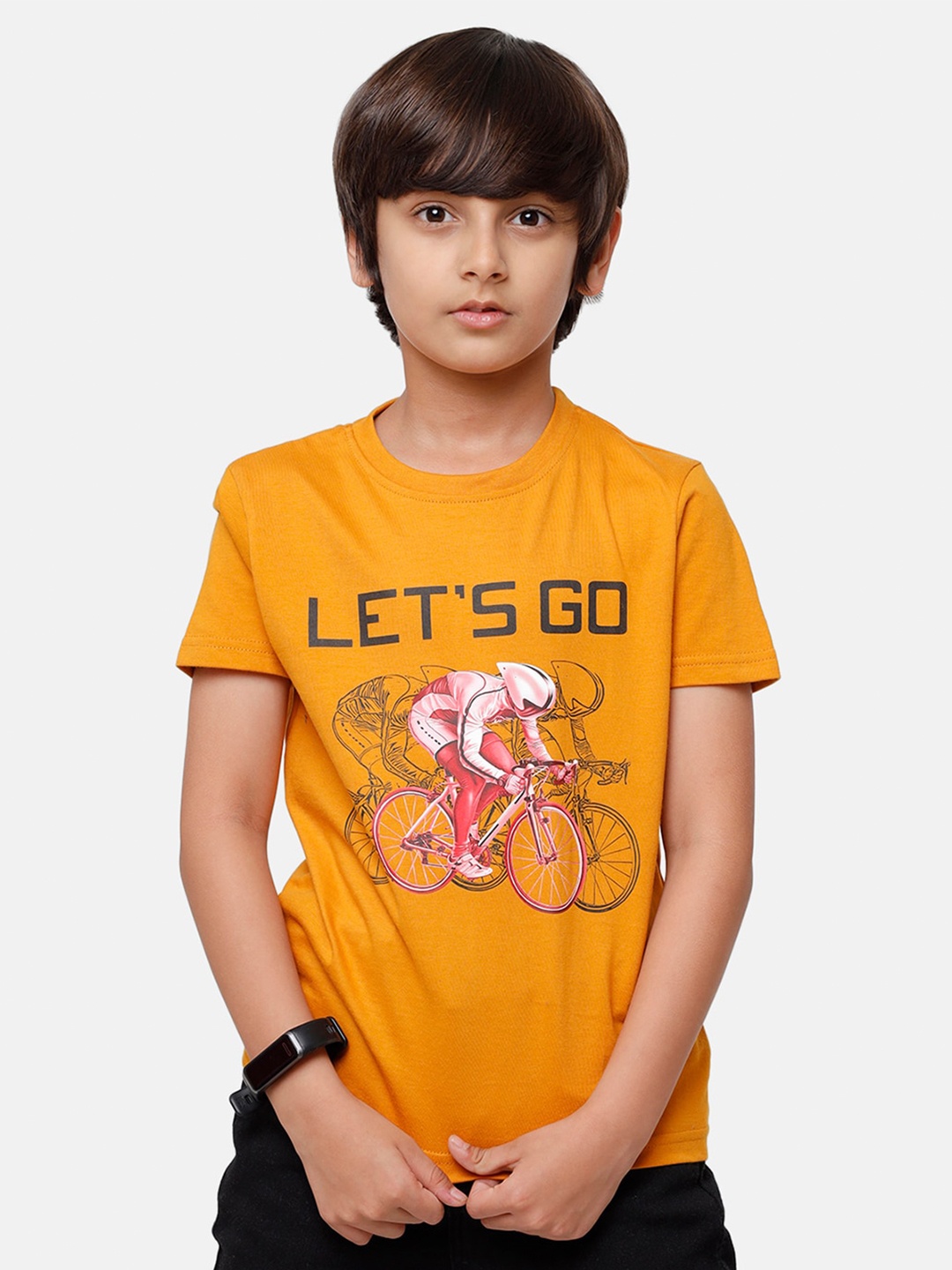 

PIPIN Boys Mustard Yellow & Pink Typography & Biker Print Pure Cotton T-shirt