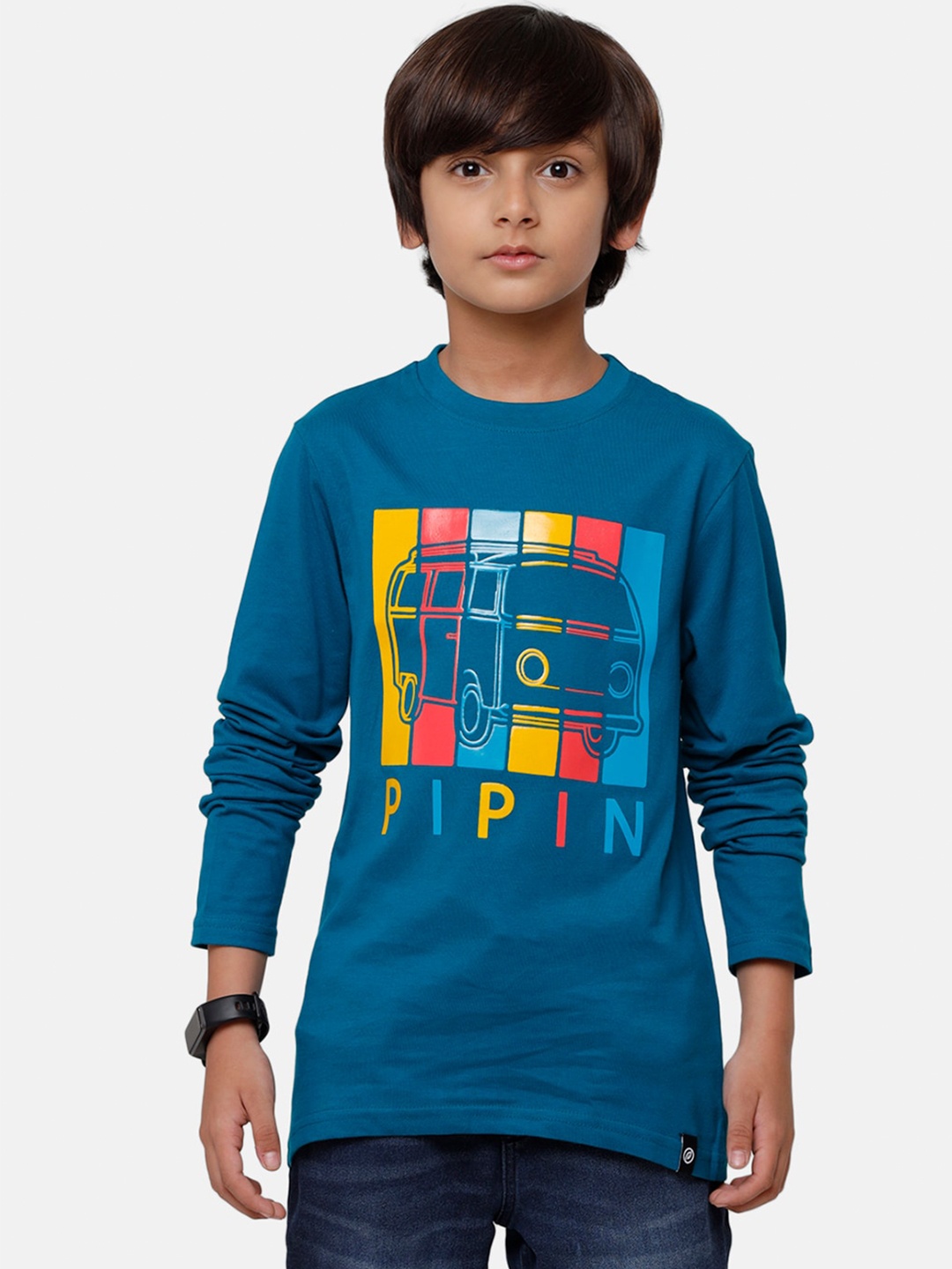 

PIPIN Boys Navy Blue & Mustard Yellow Brand Logo Print Pure Cotton T-shirt