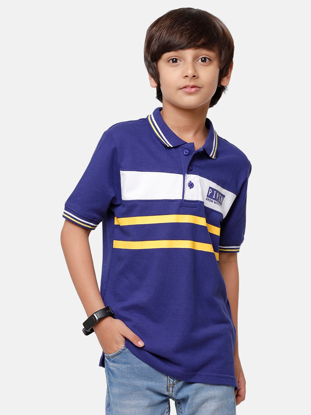 

PIPIN Boys Blue & White Striped & Brand Logo Print Pure Cotton Polo Collar T-shirt