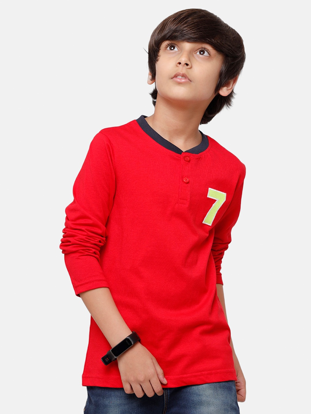 

PIPIN Boys Red Solid Henley Neck Pure Cotton T-shirt