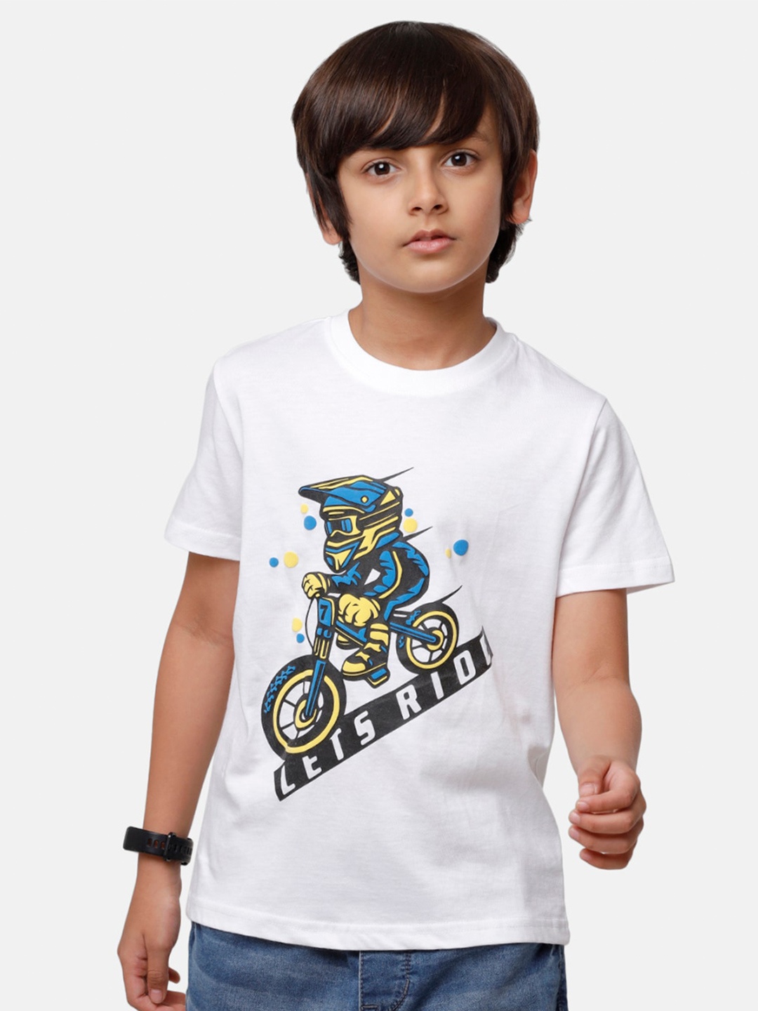 

PIPIN Boys White & Blue Biker & Typography Print Pure Cotton T-shirt