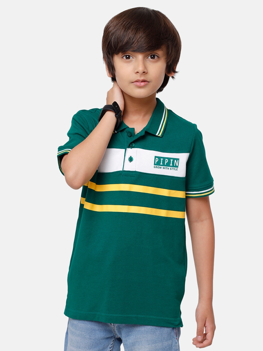 

PIPIN Boys Green & White Striped & Brand Logo Print Pure Cotton Polo Collar T-shirt