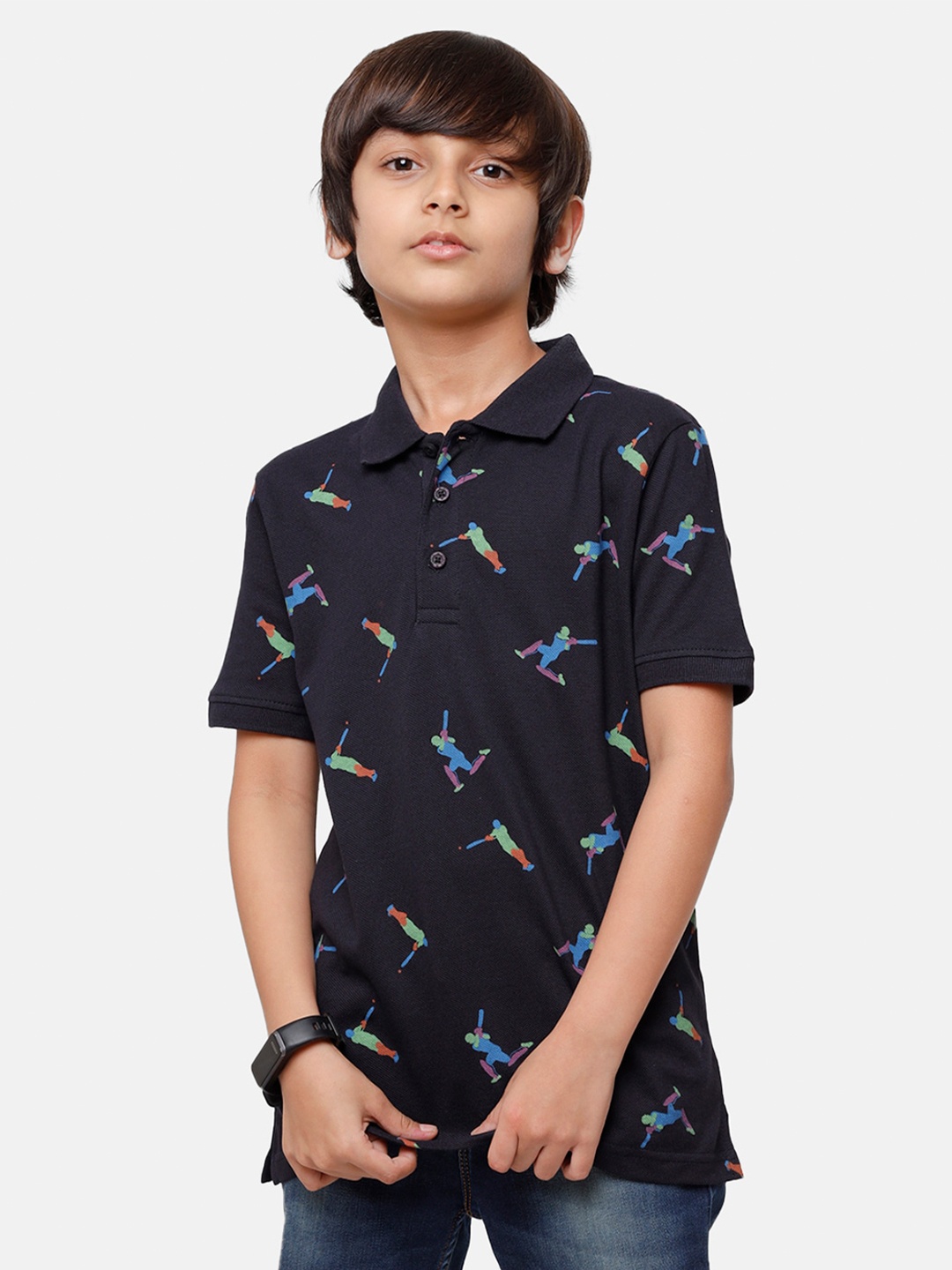 

PIPIN Boys Navy Blue & Green Batsman Print Pure Cotton Polo Collar T-shirt