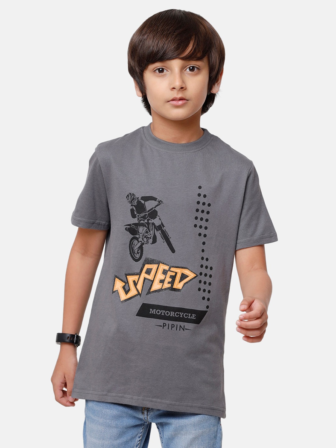 

PIPIN Boys Charcoal Grey & Black Motorcycle & Brand Logo Print Pure Cotton T-shirt