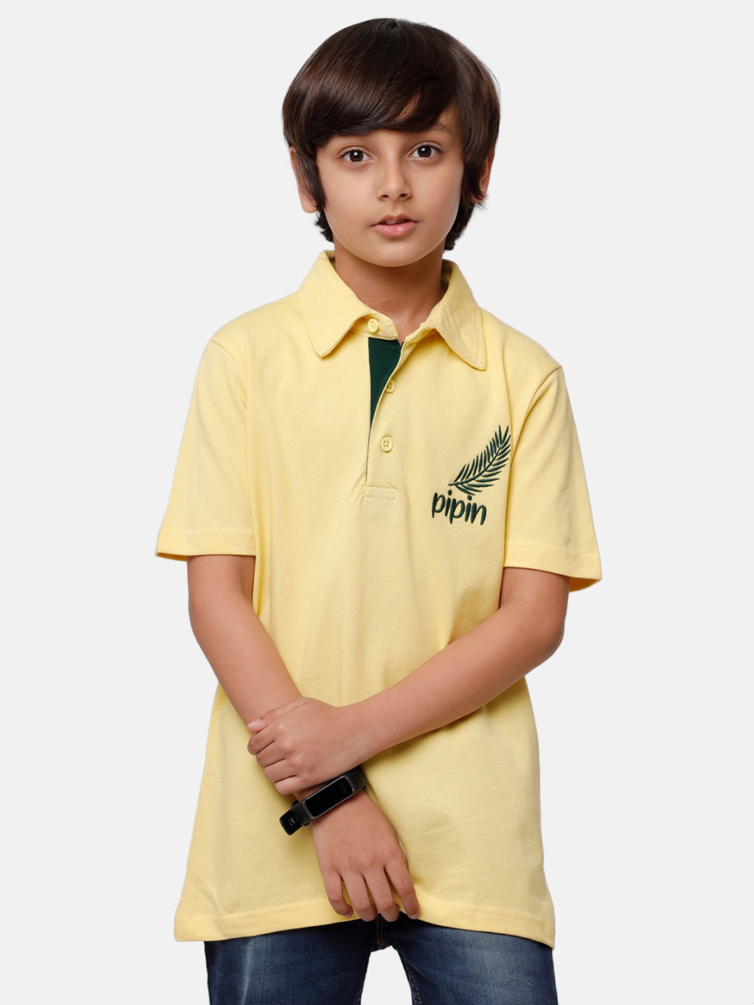 

PIPIN Boys Yellow & Green Brand Logo Embroidered Pure Cotton Polo Collar T-shirt