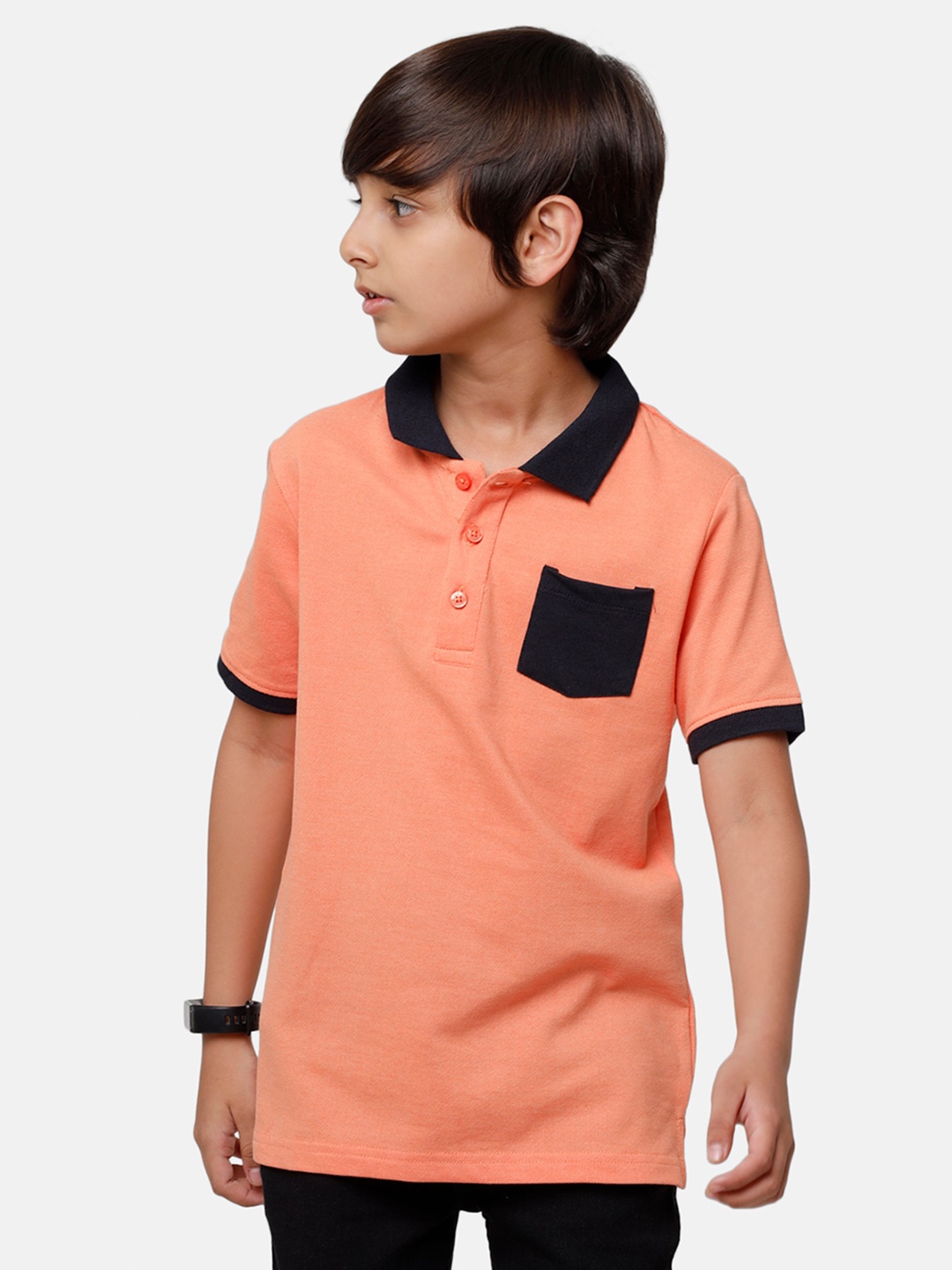 

PIPIN Boys Peach-Coloured & Black Solid Polo Collar T-shirt