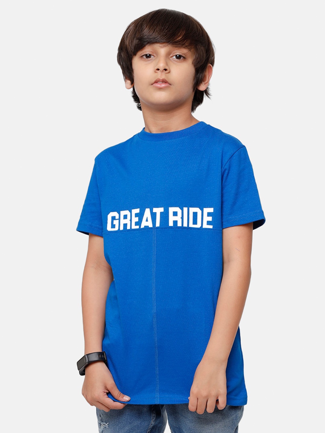 

PIPIN Boys Blue & White Typography Print Pure Cotton T-shirt