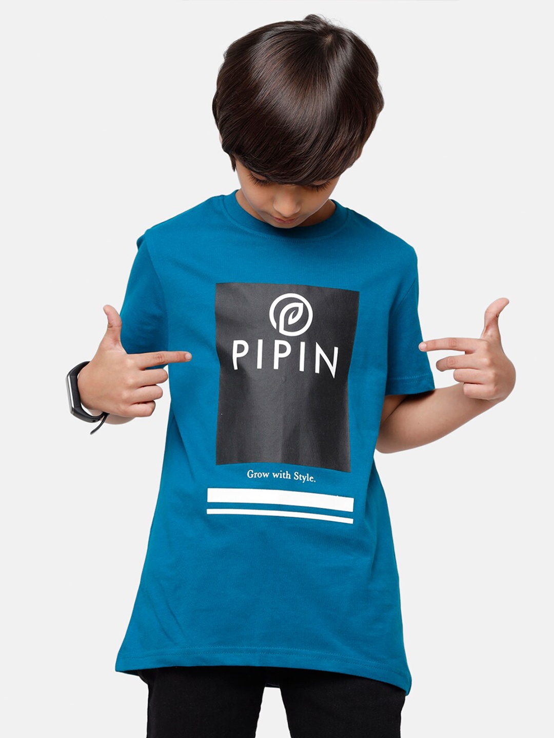 

PIPIN Boys Blue & Black Brand Logo Print Pure Cotton T-shirt